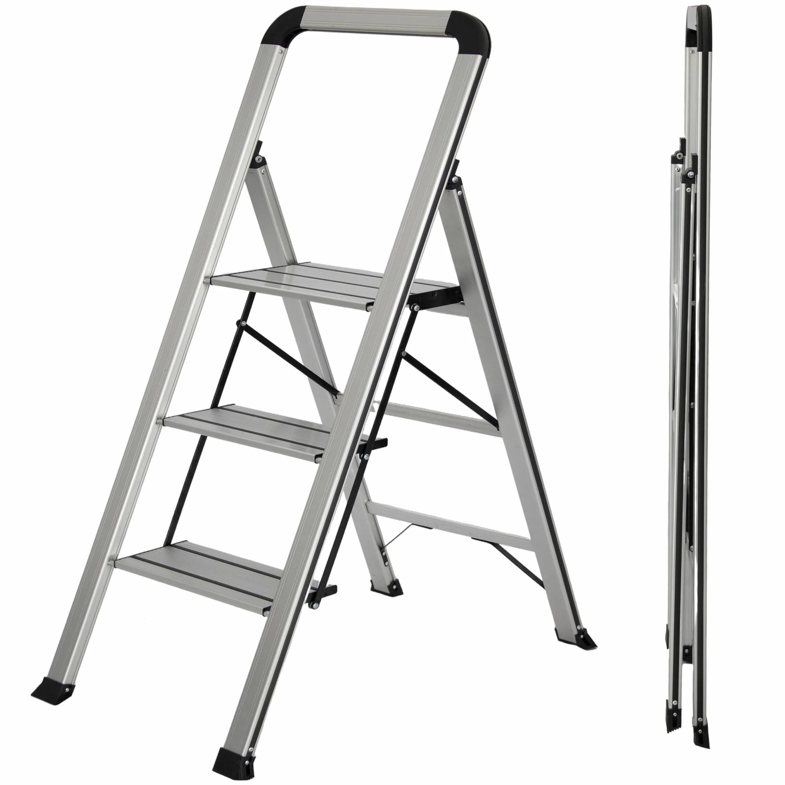 UZIRO Escalera 3 Peldaños, Escaleras Plegables de Aluminio Liviana, Decorativa, Peldaños Anchos Antideslizantes, Mecanismo Antiplegado, Compacta, Fácil de Guardar (3 Peldaños)