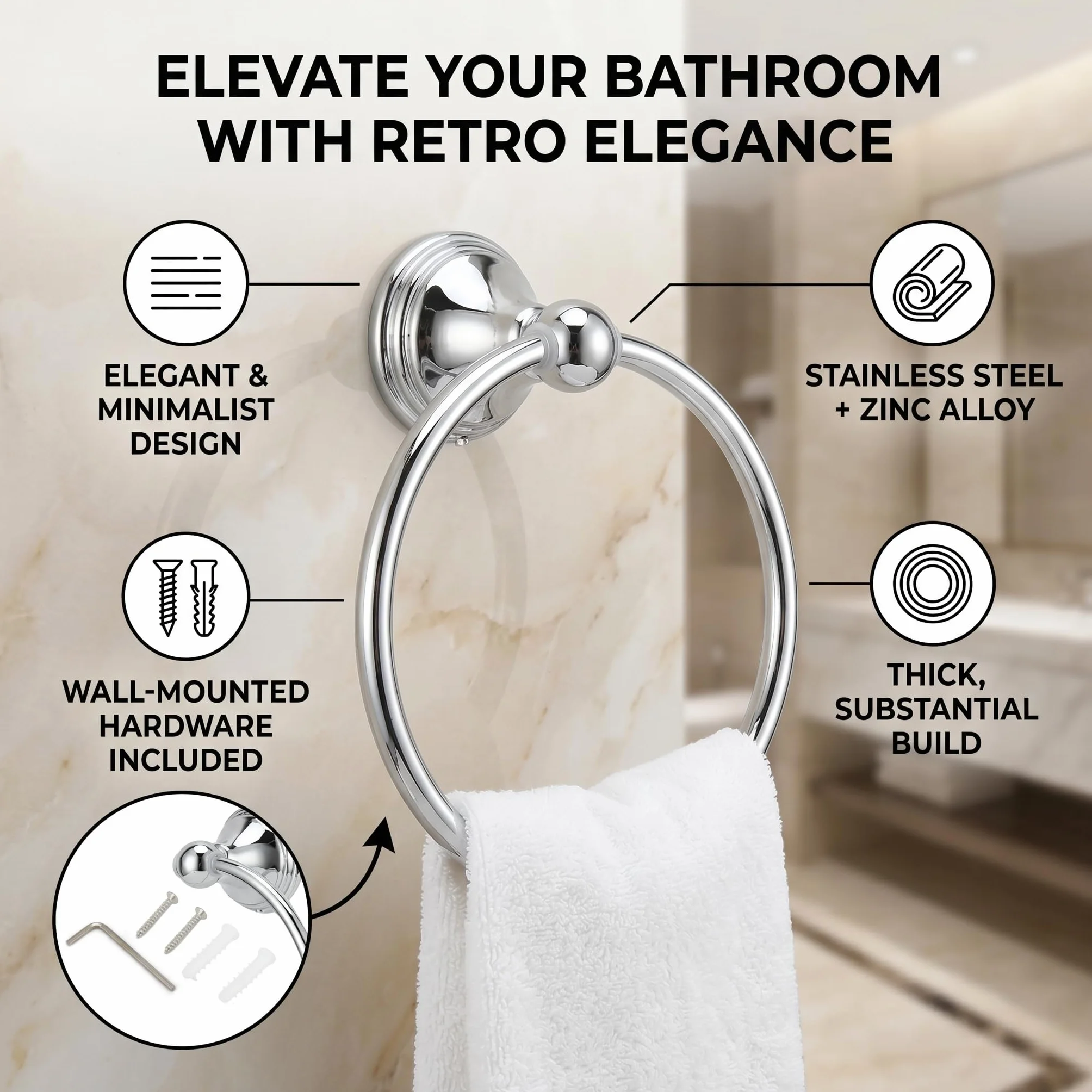FTVOGUE Mano Toallero Estante Accesorios De Baño Estilo Retro Anillo Cromado 893