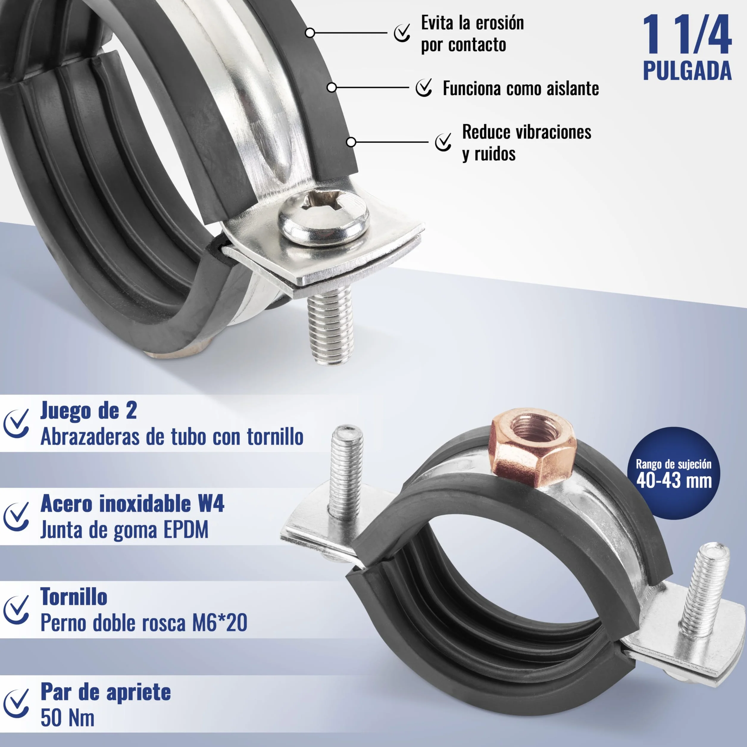 Poppstar 2x Abrazaderas de manguera de acero inoxidable W4 40-43 mm 1 1/4" M8*82