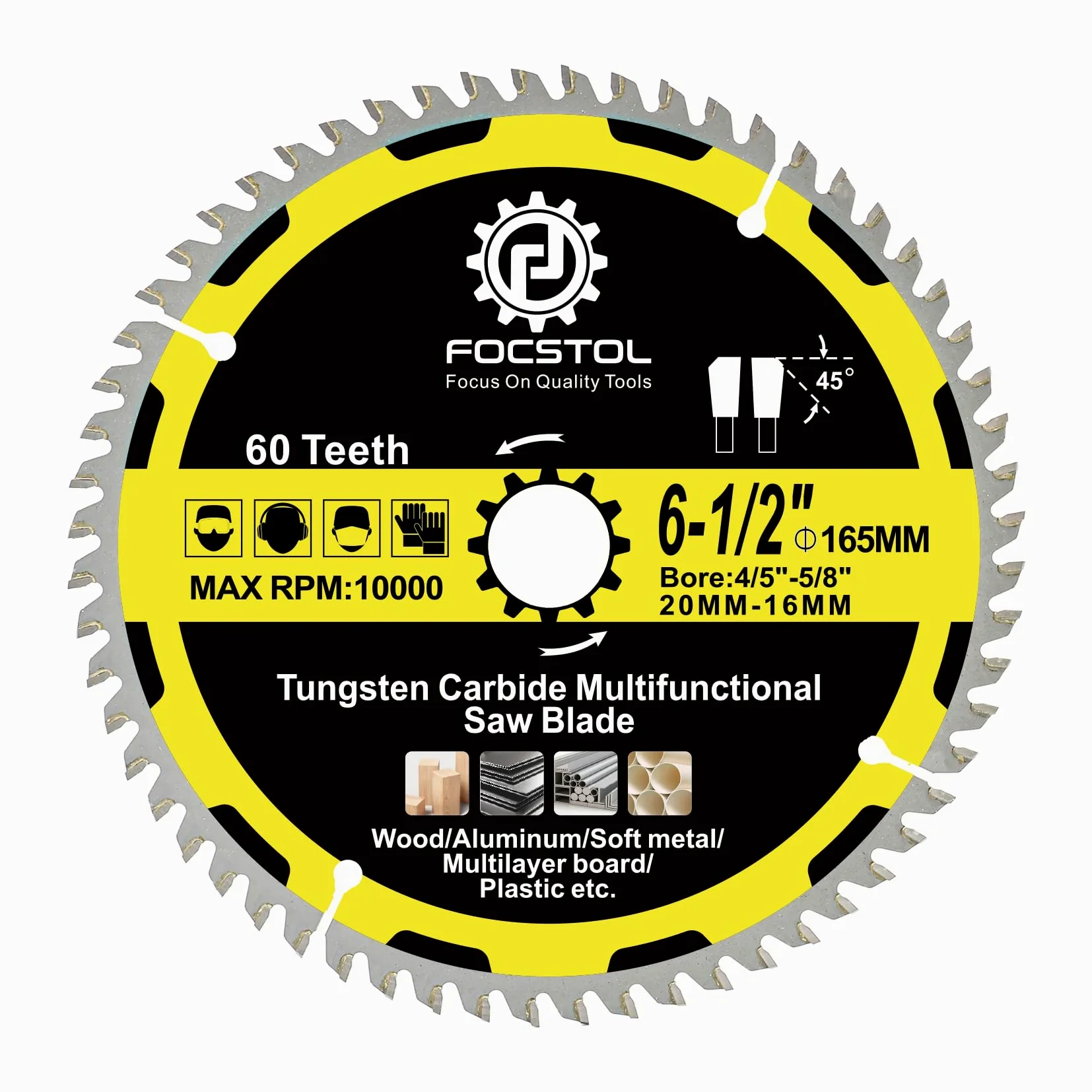 FOCSTOL Hoja Sierra Circular para Madera 165mm x 20/16mm - Disco para Corte Madera con 60 Dientes Para Plástico Aluminio Cobre