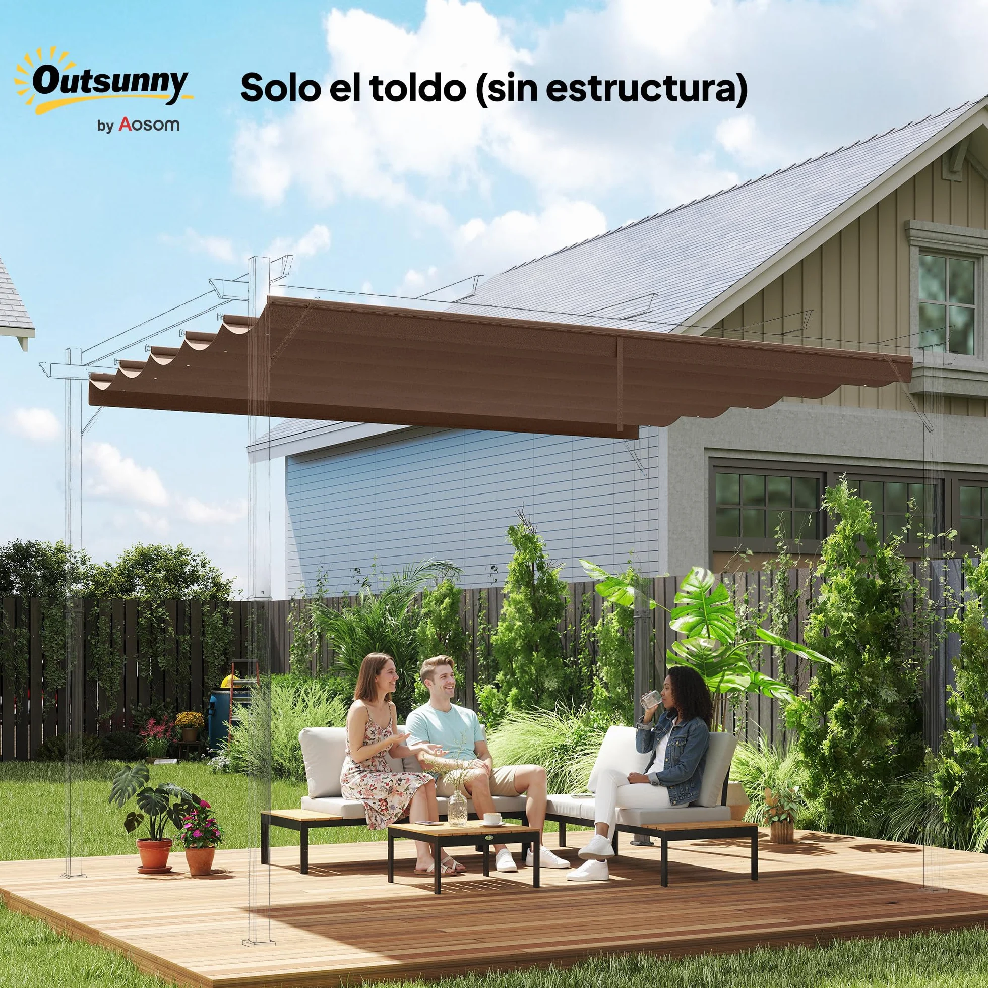 Outsunny Techo de Pérgola 3,5x2,6 m, Repuesto Retráctil UV30+, Toldo Jardín Café
