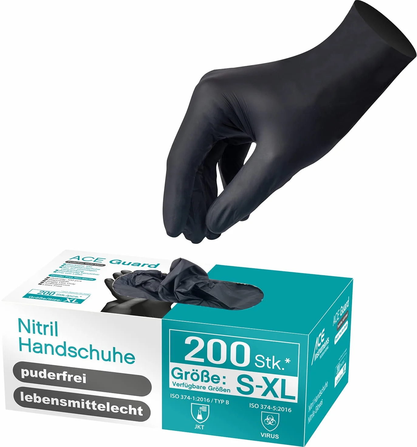 ACE Guantes de Nitrilo Desechables Guard - 100 Pares - Impermeables, EN374, Sin Látex ni Polvo, Trabajo Multiuso: Taller, Mecánico, Tattoo, Barbero, Alimentos, Cocina, Cosmética, Manicura y Pintar