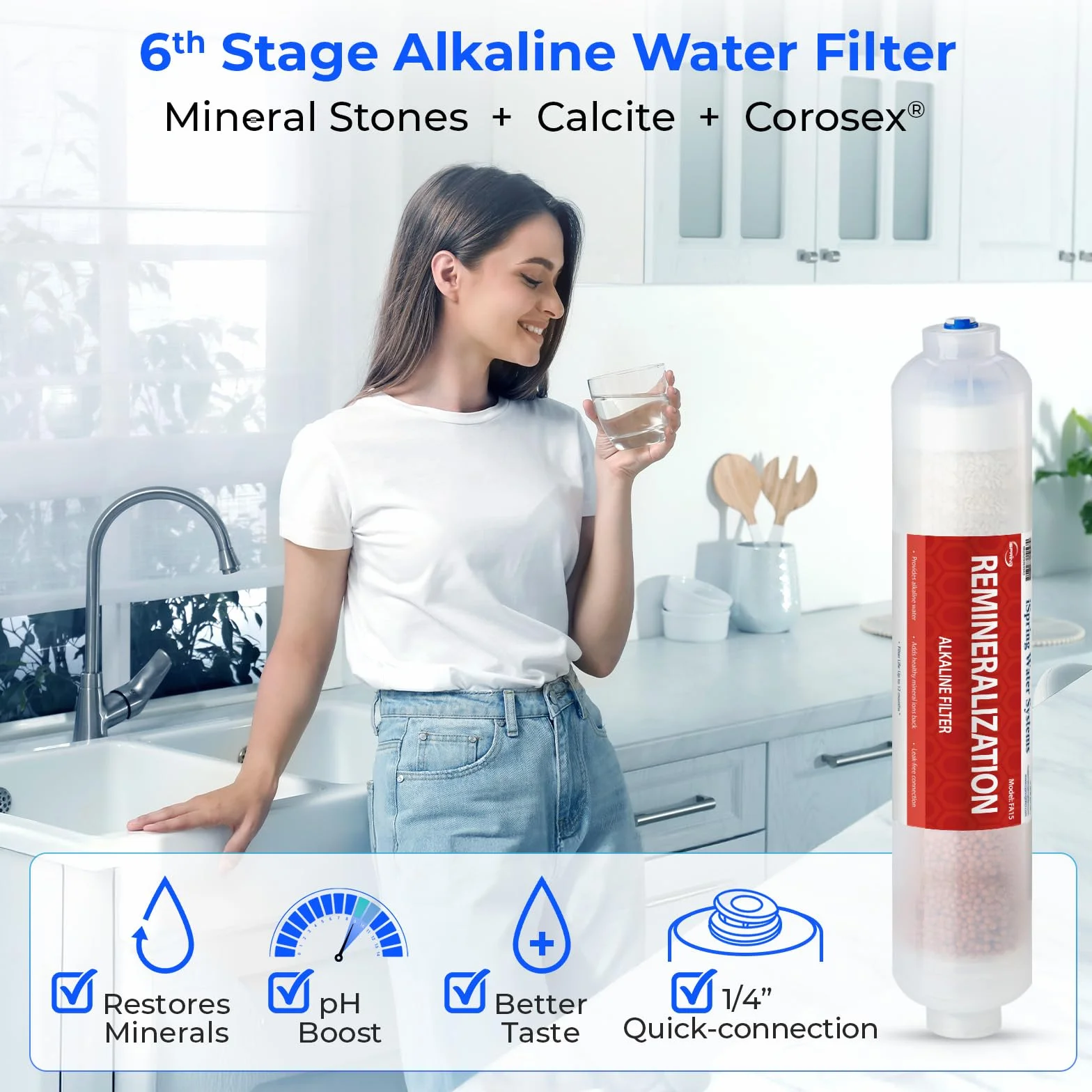 iSpring F9K Juego de Cartuchos de Repuesto Filtro de Agua de 1 Año para Sistemas de Ósmosis Inversa de Minerales Alcalinos de 6 Etapas, Blanco