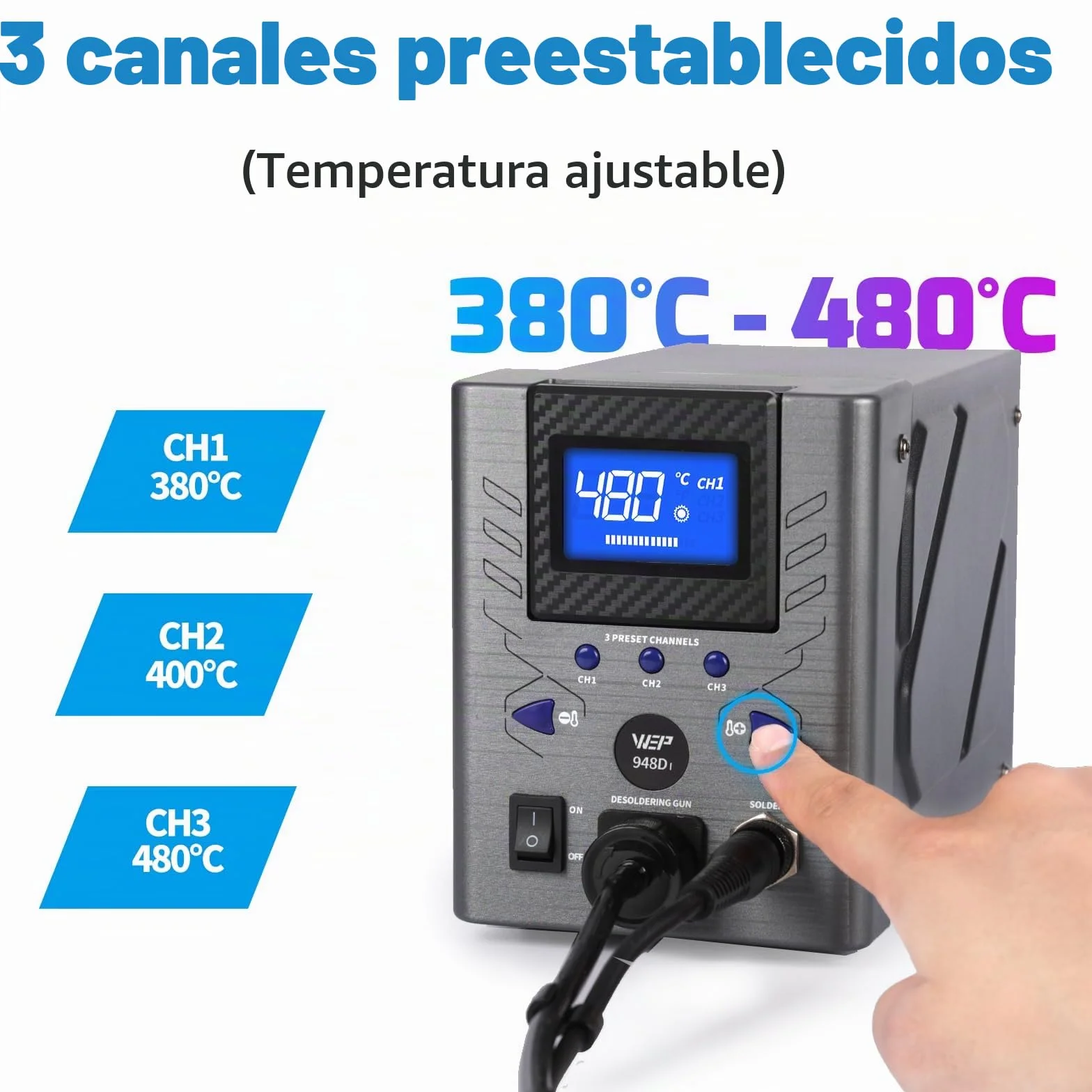 WEP 948D-I 110W Estacion de desoldadura de alta potencia con 4 boquillas de desoldado, control de temperatura con 3 canales preconfigurados, pantalla inclinable, a prueba de ESD(EU)