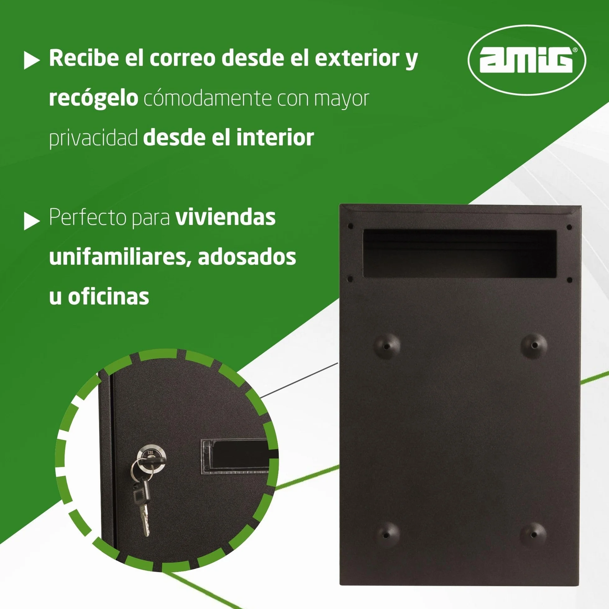 Amig - Buzón Recogecartas para Interior - Tamaño Compacto para DIN A4 - Apertura con Cerradura - Acero Negro- Fácil de Instalar en Puertas o Verjas - 40 x 25 x 10 cm