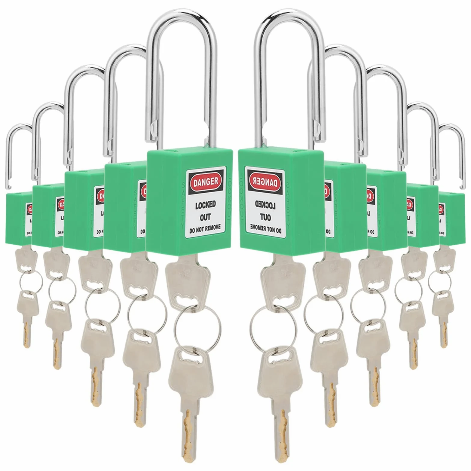 10 Pzas Candado de Seguridad, Bloqueo Y Etiquetado Conjunto de Bloqueo, Candado con Llave Candados Misma Llave 10 Pzas Candados con 20 Clave,38mm Steel Shackle (Verde)