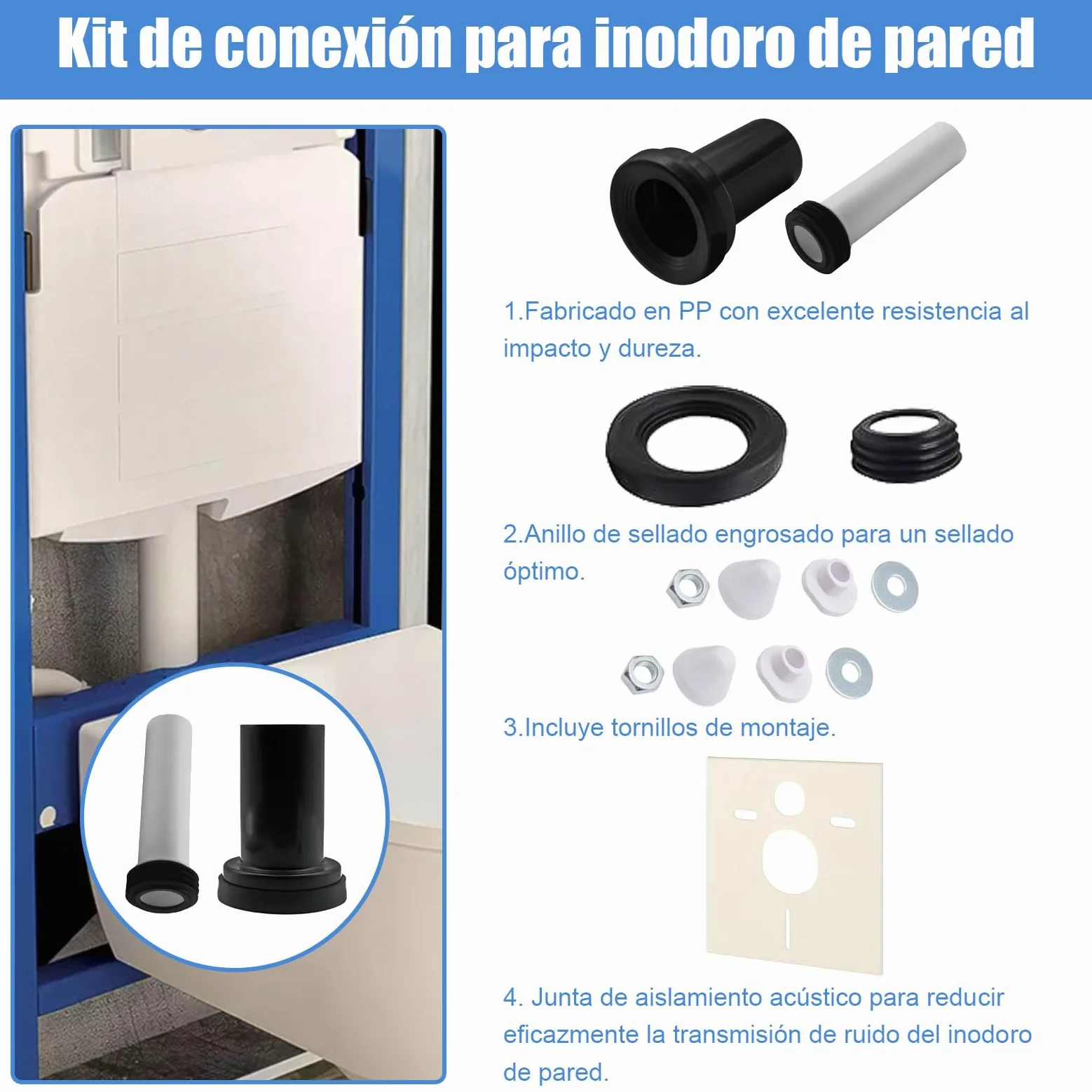 Juego de conexión WC suspendido, compatible con Geberit 152.426.46.1, para tubo PE d90/110, incluye kit de conexión, aislante acústico y accesorios de montaje