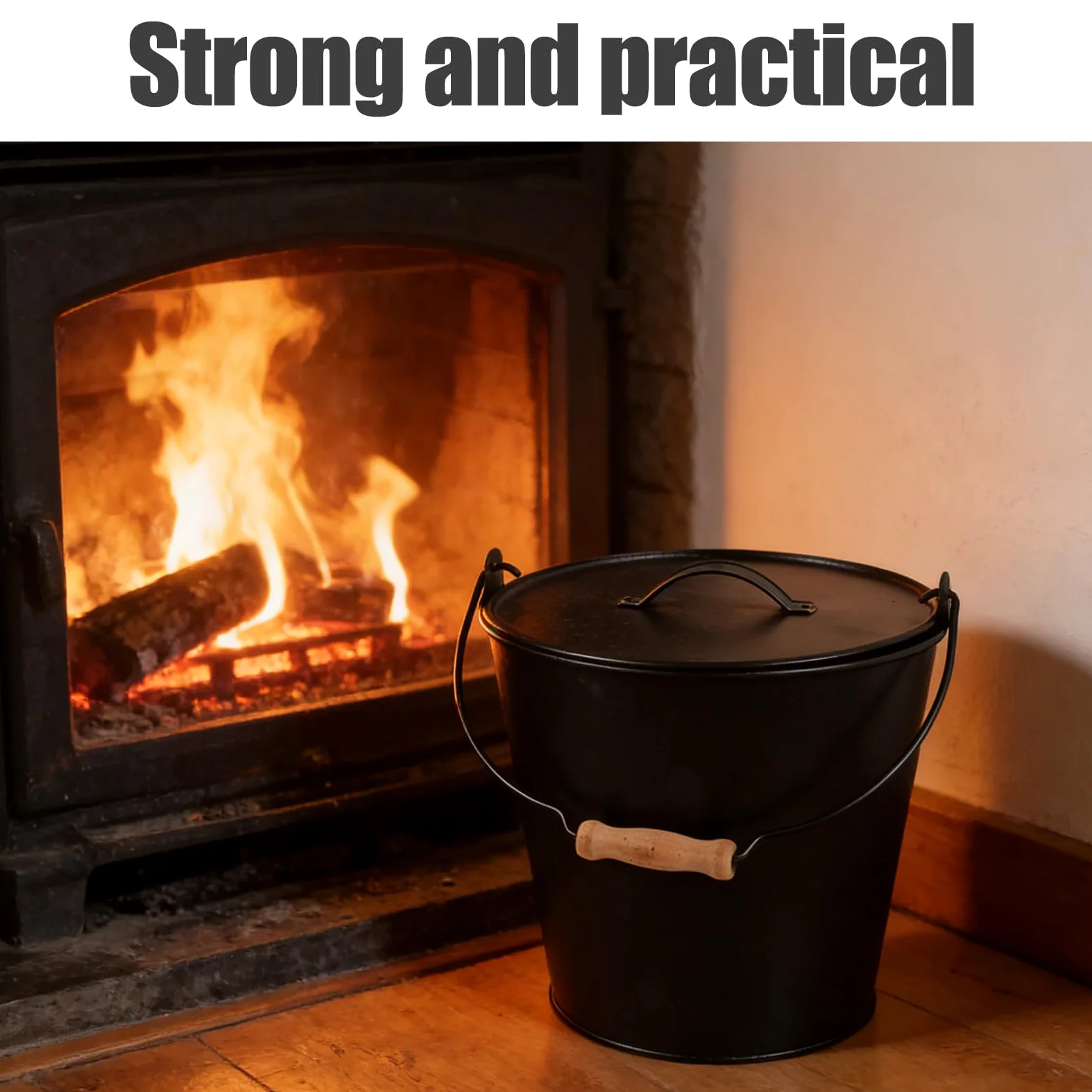 Hemobllo Cubo de Metal Negro para Cenizas con Tapa Segura y Asa de Madera, Adecuado para Estufas de Leña y Quemadores de Interior, para Recolectar Cenizas