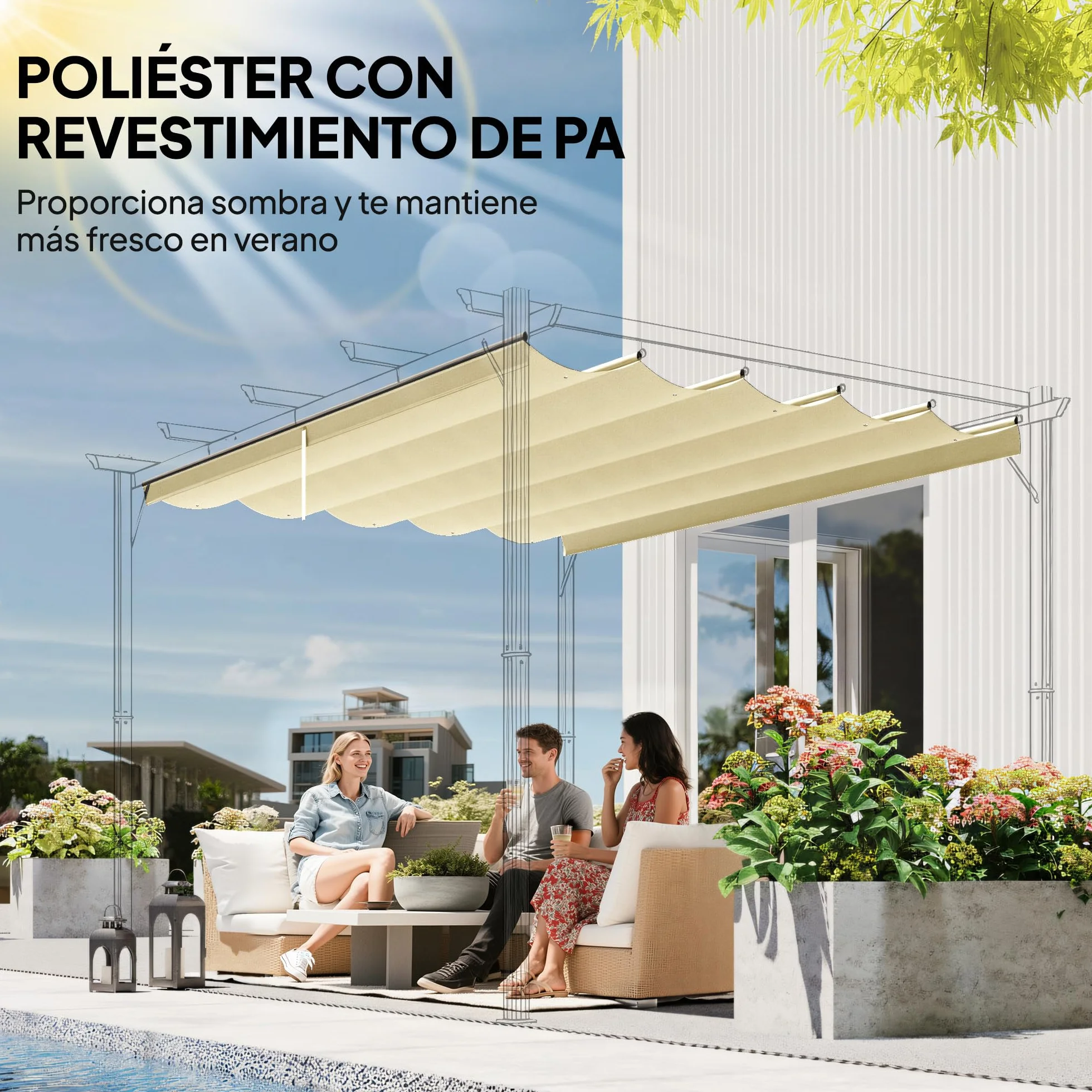 Outsunny Techo de Pérgola 3,5x2,6 m, Repuesto Retráctil UV30+, Toldo Jardín Crema
