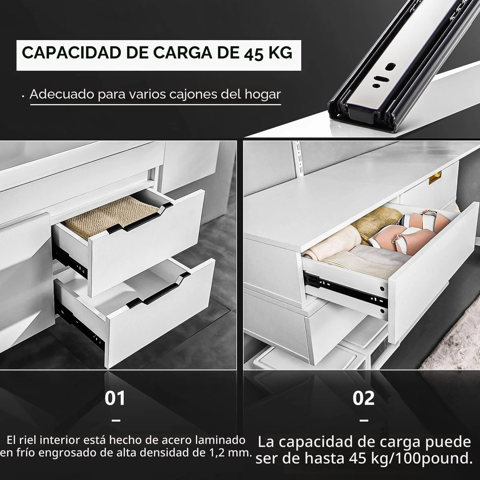 AOLISHENG Guias Correderas Para Cajones 200mm Rieles Extensión Completa 45 KG Capacidad Carga Rodamiento de Bolas 1 par