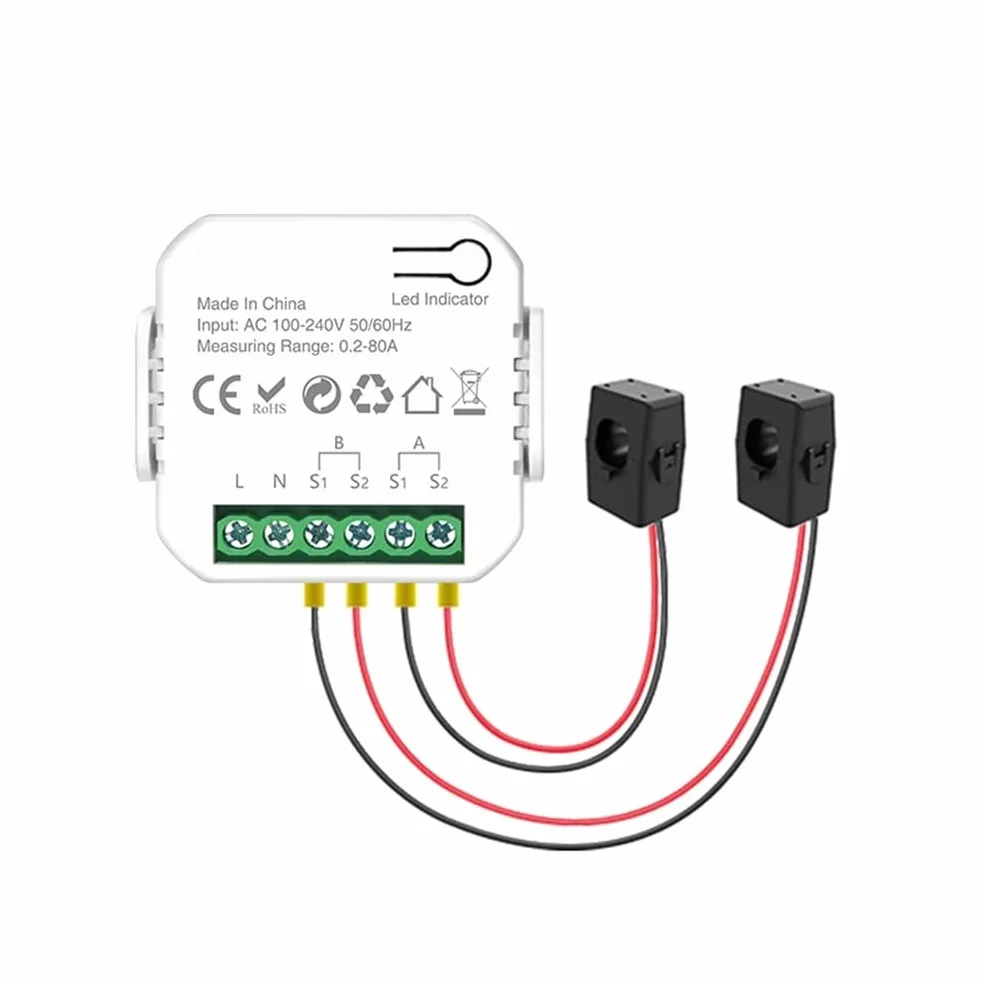 Medidor de Potencia Inteligente Tuya Wifi con Abrazadera para Transformador de Corriente, Medidor de Energía de 2 Canales 80A, Vatímetro para Hogar Inteligente