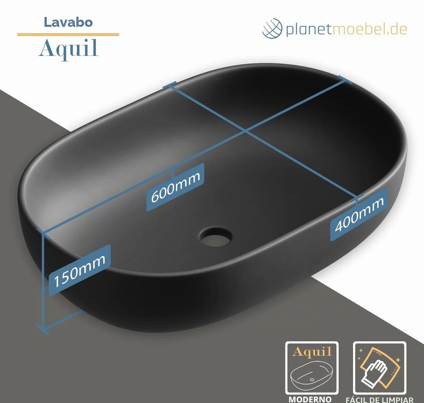 Planetmöbel Aquil Deluxe Lavabo Oval | Lavabo de encimera para baño y aseo de invitados | Lavabo sin orificio para grifo y desagüe | Negro mate, 60 x 40 x 15 cm