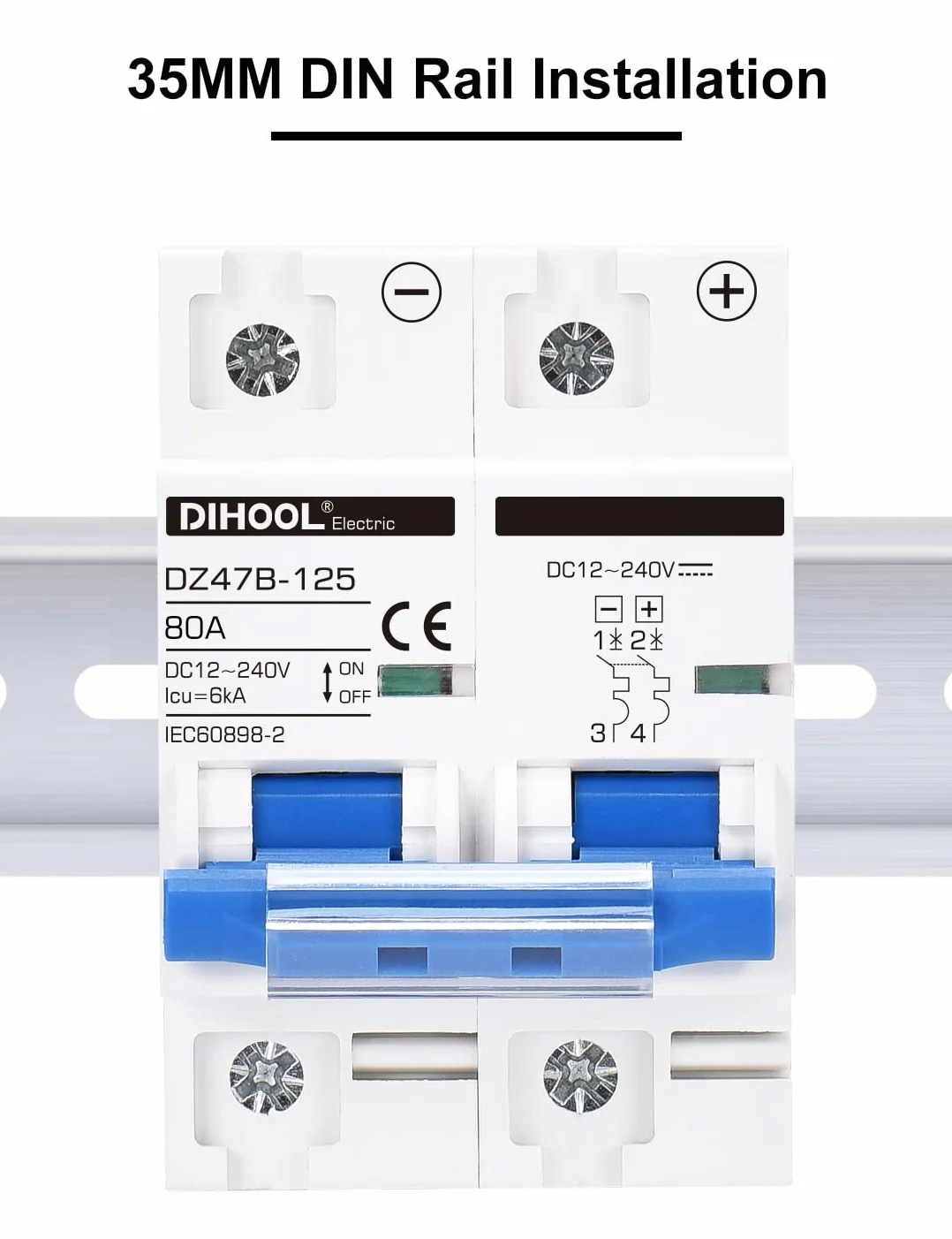 Disyuntor DC dz47 2P 80Amp 12V 24V 36V 48V DC MCB protección contra cortocircuitos aislador de interruptor de desconexión para panel solar batería UPS inversor fotovoltaico sistema fotovoltaico