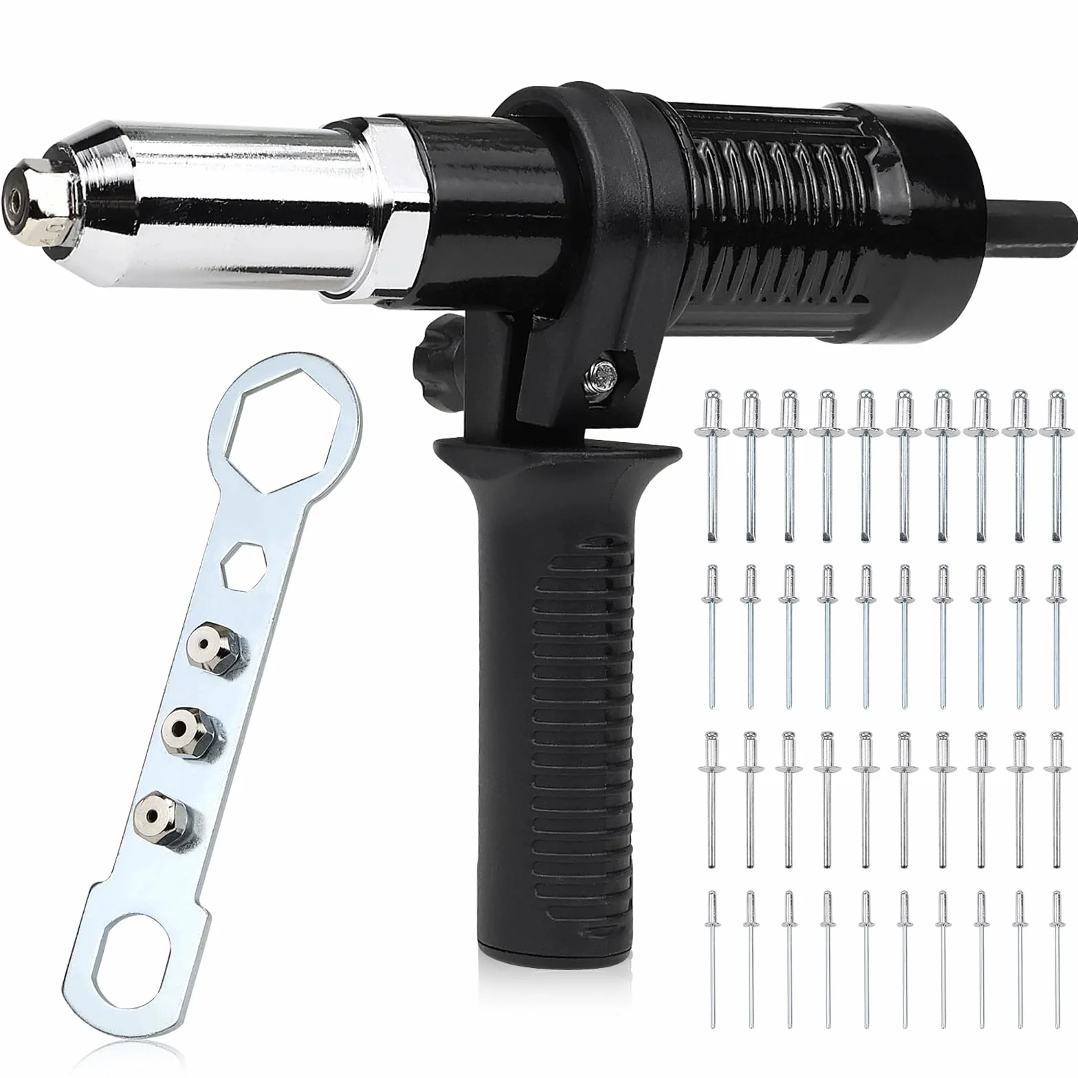 Remachadora eléctrica, Remachadora para Taladro, Remachadora para Taladro Inalámbrico, Con 40 remaches ciegos, Para Remaches con tamaños de 2,4/3,2/4,0/4,8 mm