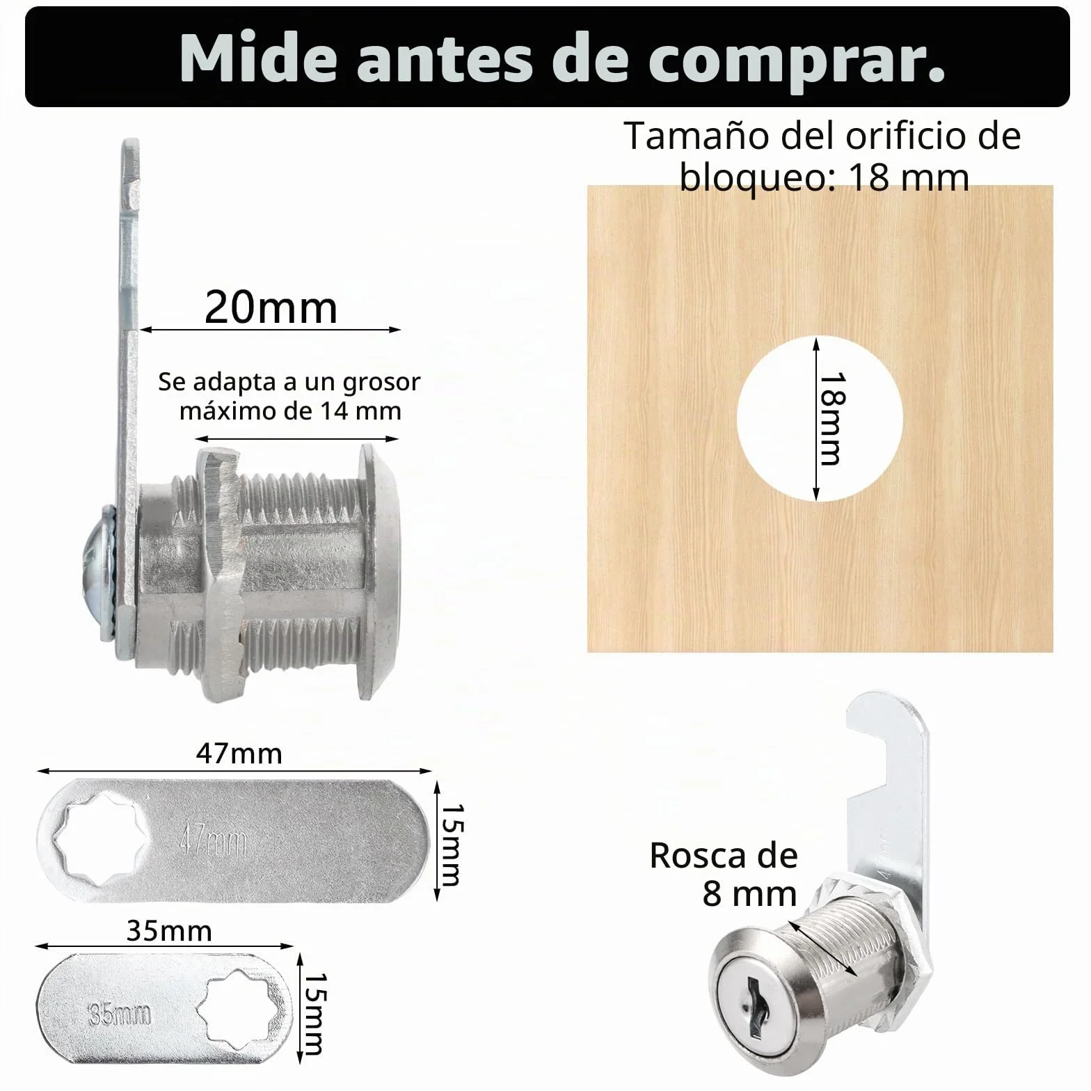 Cerradura Buzon Universal 20 mm, Cerradura Taquilla de Zinc con Llave, Bombin Buzon 47/35 mm, 10 Piezas