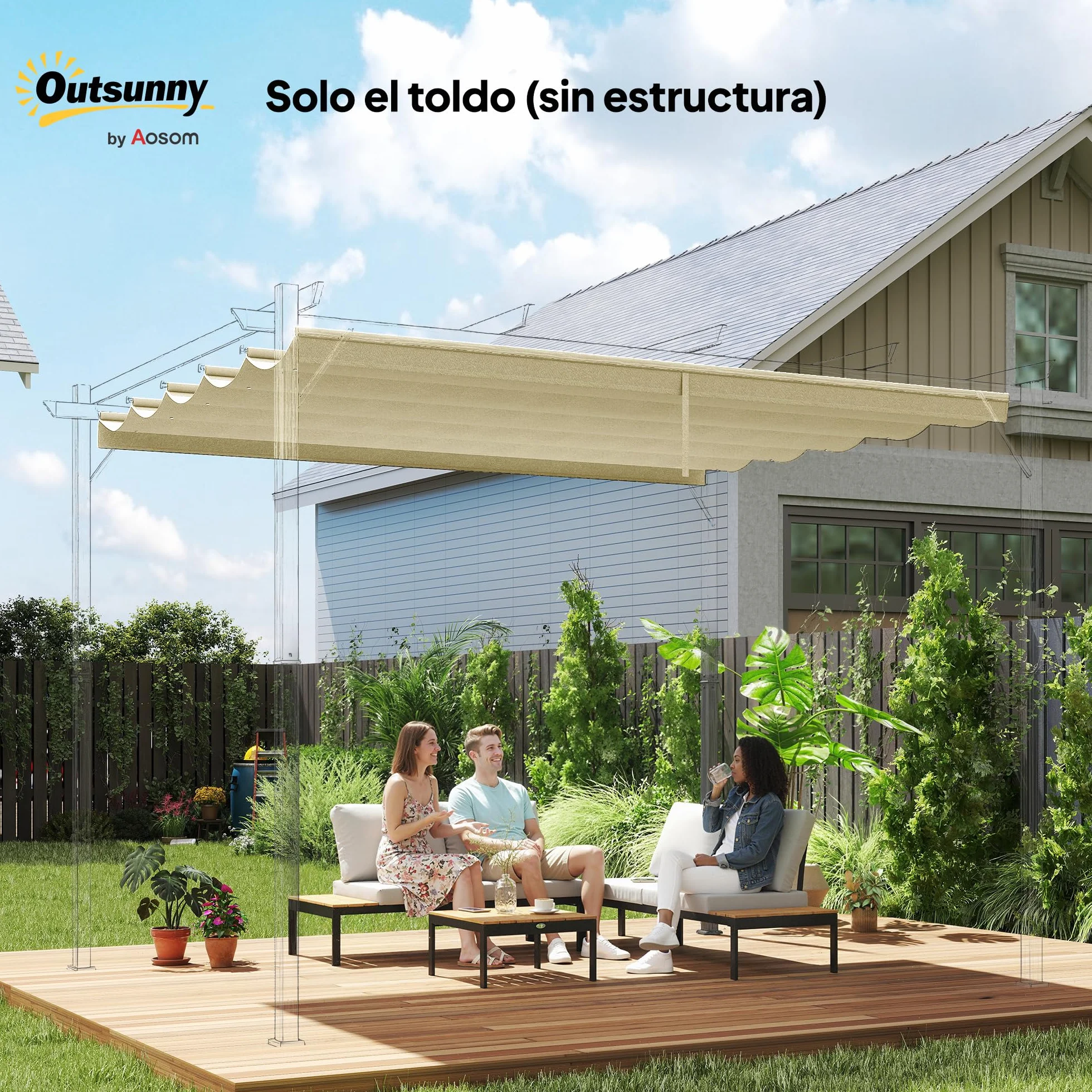 Outsunny Techo de Pérgola 3,5x2,6 m, Repuesto Retráctil UV30+, Toldo Jardín Crema