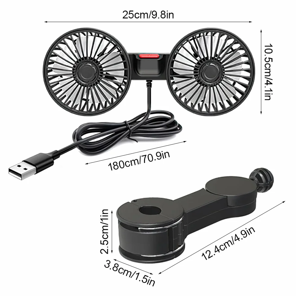 Ventilador del Asiento Trasero Con Doble Cabeza, 5V, 360° Giratorio 3 Velocidades, Clip para Vehículos Como Sedán, SUV, RV