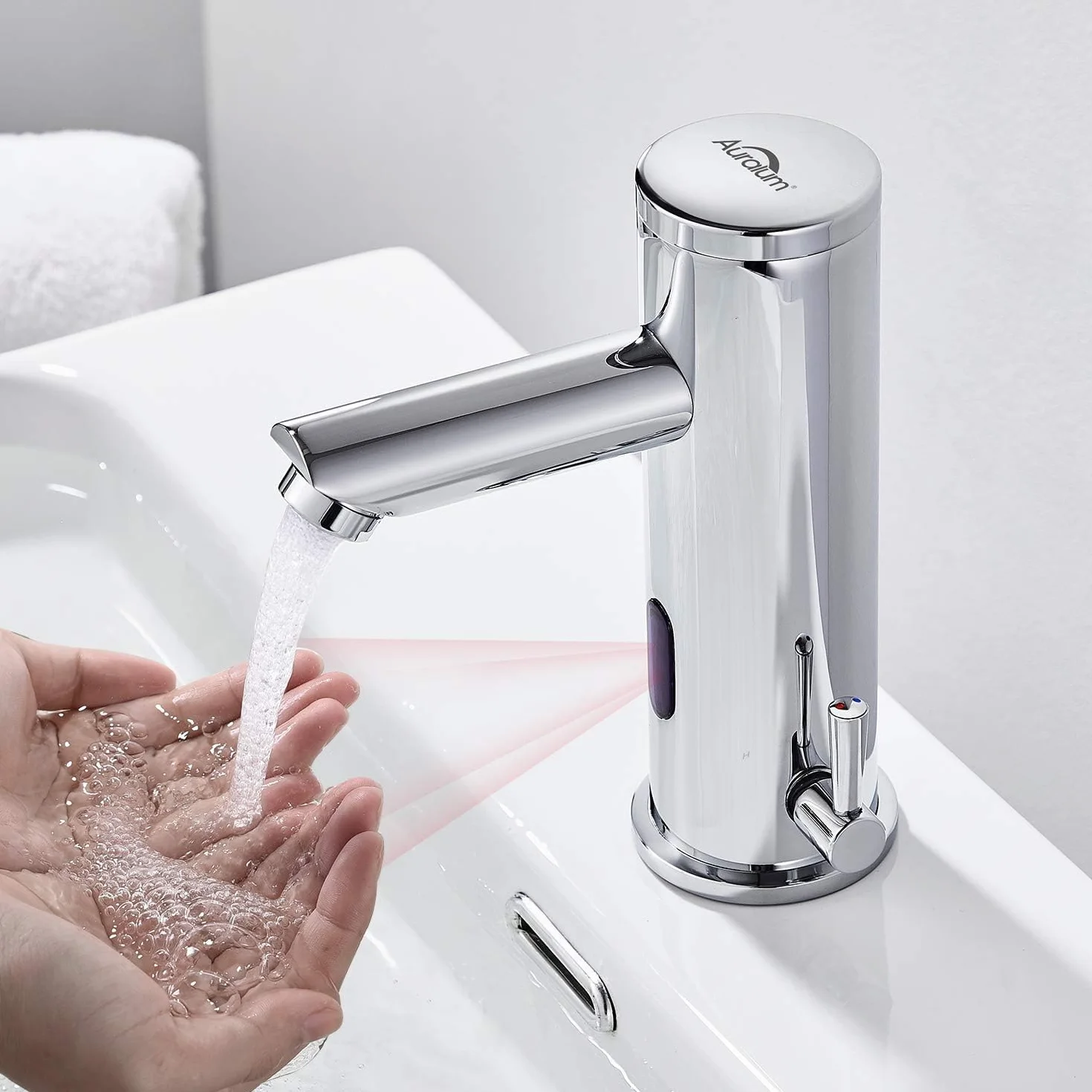 Auralum - Grifo Sensor Automático, Grifo de Lavabo con Sensor Infrarrojo Sin Contacto, Inteligente Grifo Baño, Elegante Cromado Monomando para Agua Caliente y Fría