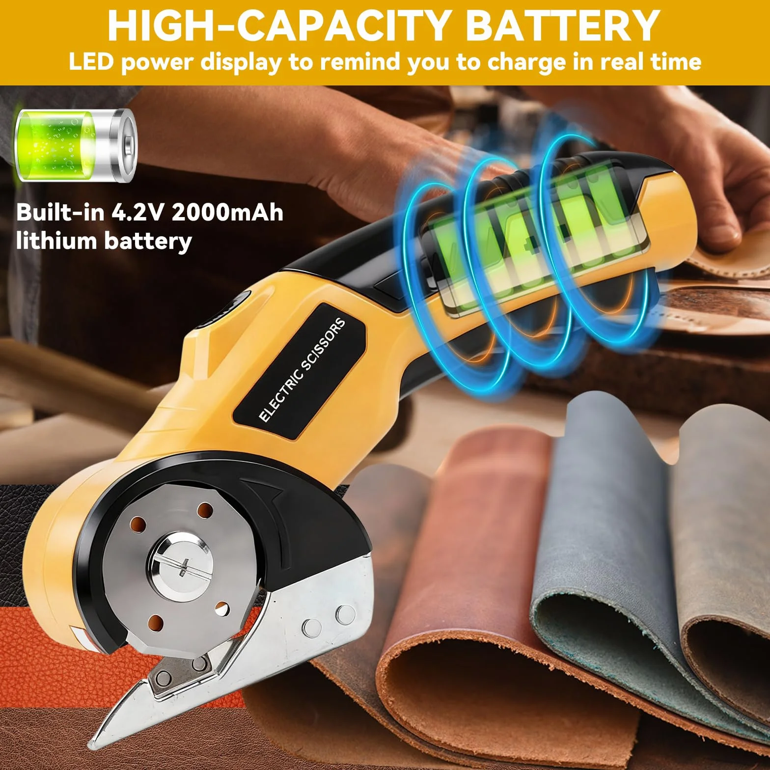 Tijeras Eléctricas Inalámbricas 4.2V, Cúter Rotativo con 2 Cuchillas, LED y Carga USB-C, para Tela, Cartón, Cuero, Alfombra y Plástico