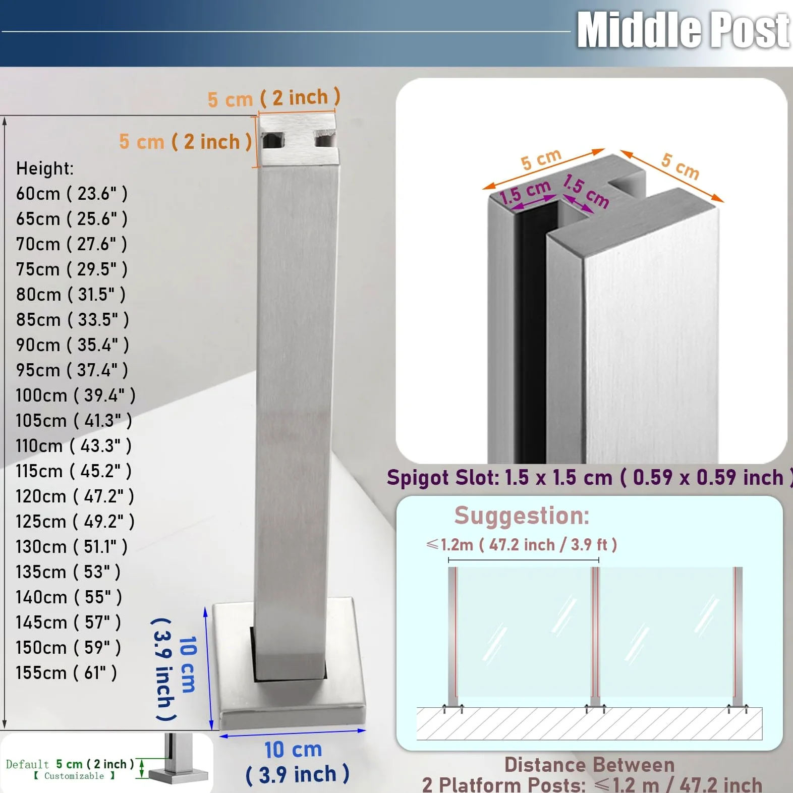 Barandilla de vidrio postes de la cerca, Kit de barandilla de vidrio con ranuras for escaleras, plataformas, terrazas y jardines, soportes transparentes for vallas.(Middle Post,60cm/23.6inch High)