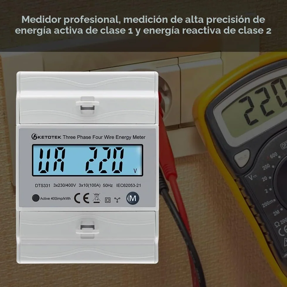 KETOTEK Contador Trifásico Carril DIN Vatímetro Bidireccional 3x230V/400V 50/60Hz DTS331 Medida kWh