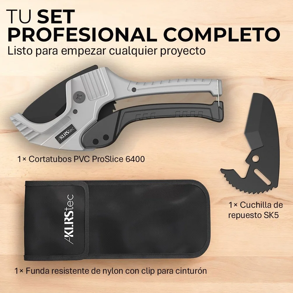 KLRStec Juego de cortador de tubos de PVC profesional ProSlice 6400 (64 mm/2-1/2") Cortador Profesional con Carraca para PVC, PE, PP – Incluye Cuchilla de Repuesto y Funda Nylon con Clip