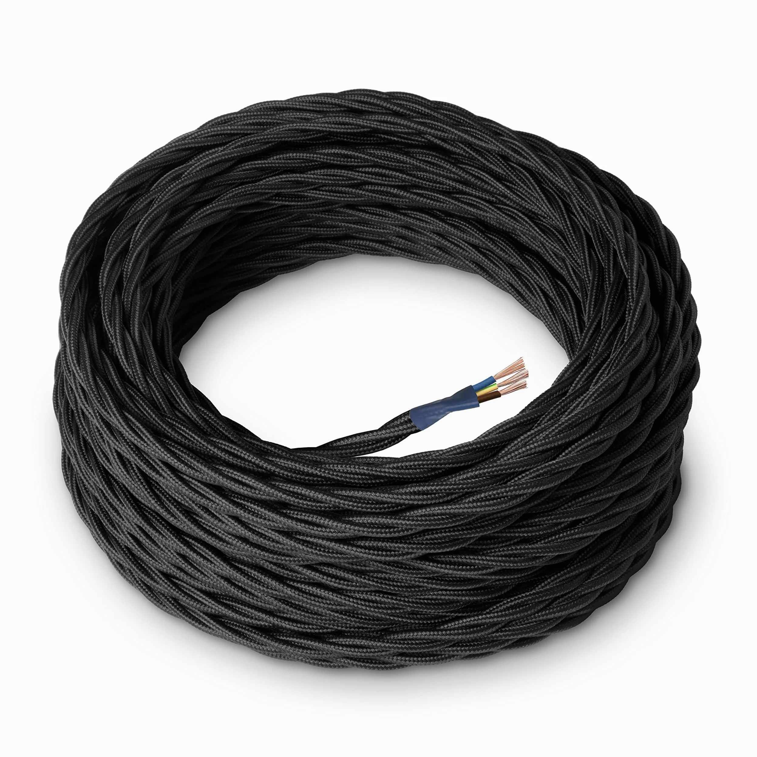 Amarcords - Cable de tela color NEGRO, trenzado, seda, 10 metros, con tierra 3x0,75 - Hilo eléctrico textil de color estilo clásico para lámparas bricolaje y iluminación vintage.