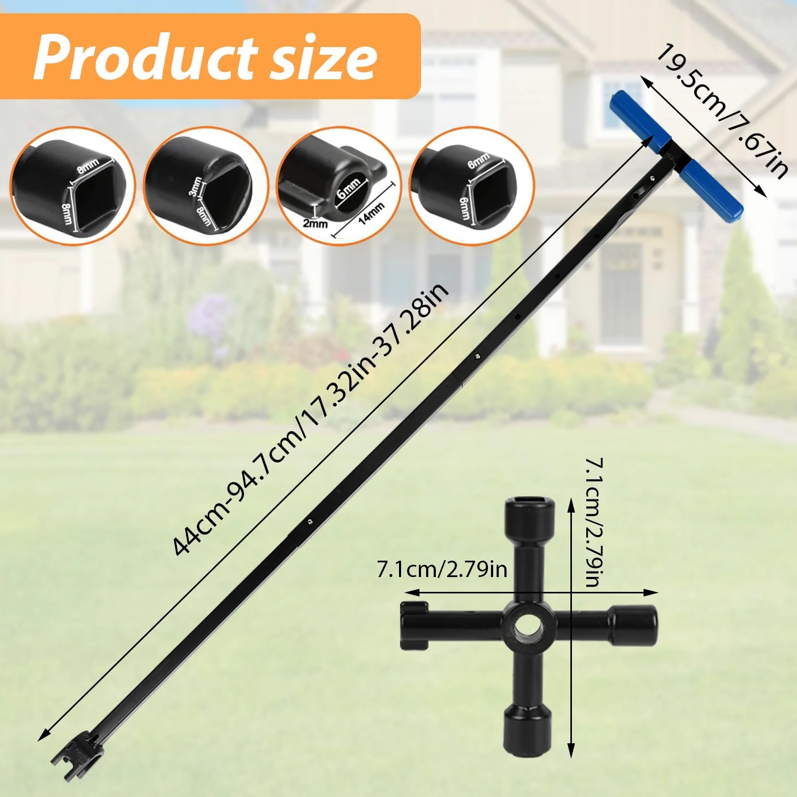 mumisuto Llave De Medidor De Agua con Herramienta de 4 Vías, Llave Contador T Acero Mango, Longitud Ajustable 43-94cm, Llave Universal Mantenimiento Tuberías y Válvulas (Azul)