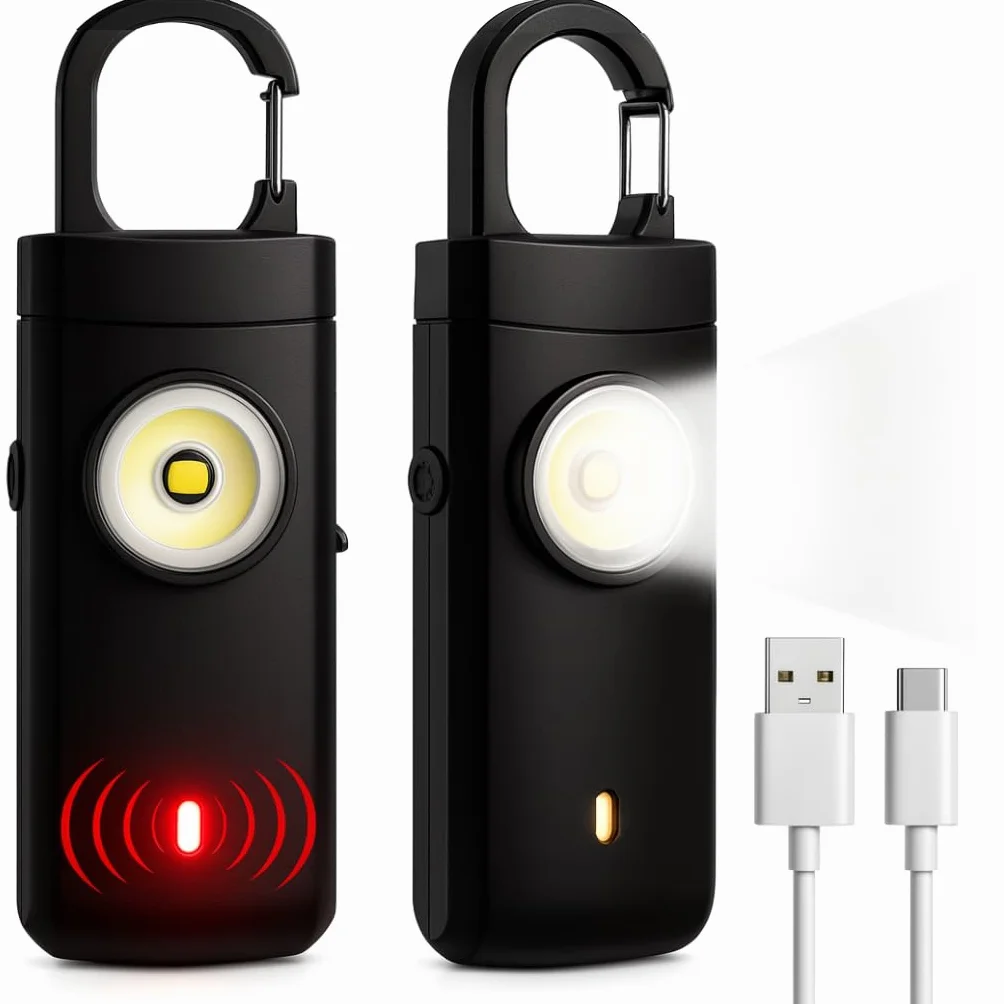 Alarma de bolsillo, alarma personal de seguridad de emergencia de 130 decibelios con luces, color negro