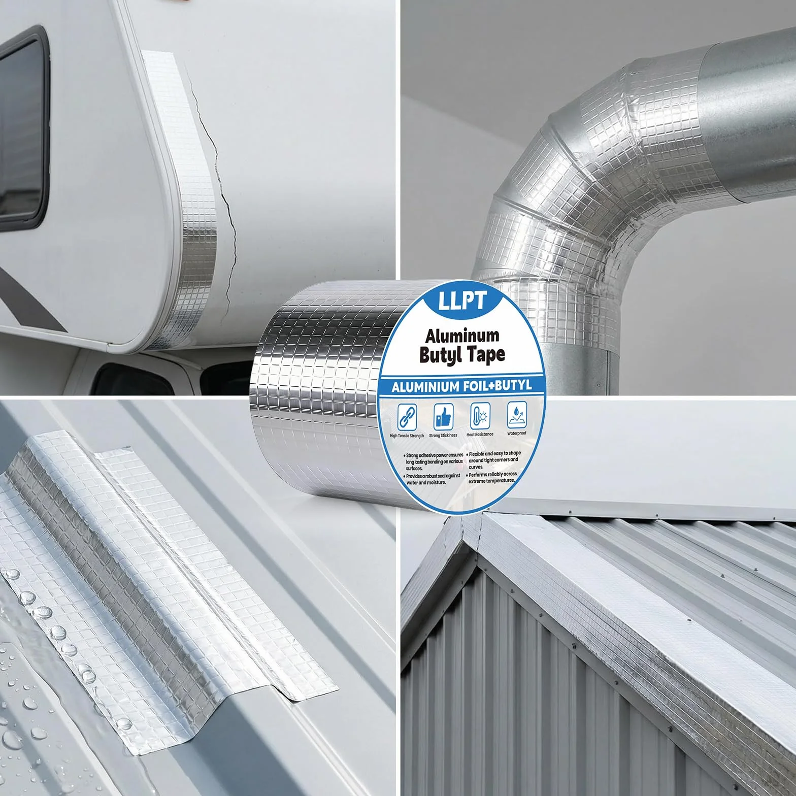 LLPT Cinta de Butilo de Aluminio 15cm x 5m Impermeable | Cinta Sellado para Tapajuntas de Techos Metálicos Reparación de Fugas en Canaletas de Ventanas y Techos de Autocaravanas