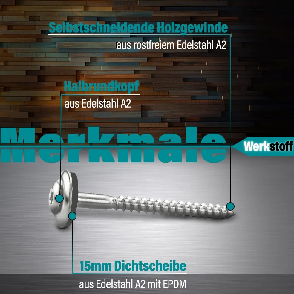 VOOXA 100 piezas tornillos de acero inoxidable A2 SPENGLERSCHRAUBEN 4,5X35 con junta de sellado EPDM de 15mm | cabeza lenticular TX20 | Para madera/metal/plástico o con taco para muro