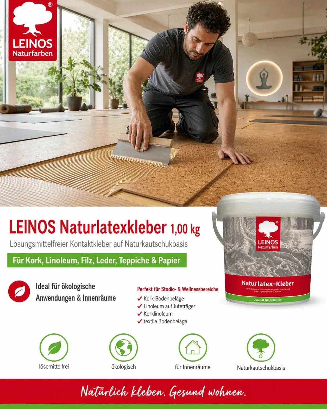 LEINOS Pegamento de látex natural 1,00 kg – adhesivo de contacto libre de solventes a base de caucho natural – para alfombras, corcho, cuero, fieltro, linóleo y papel – ideal para aplicaciones