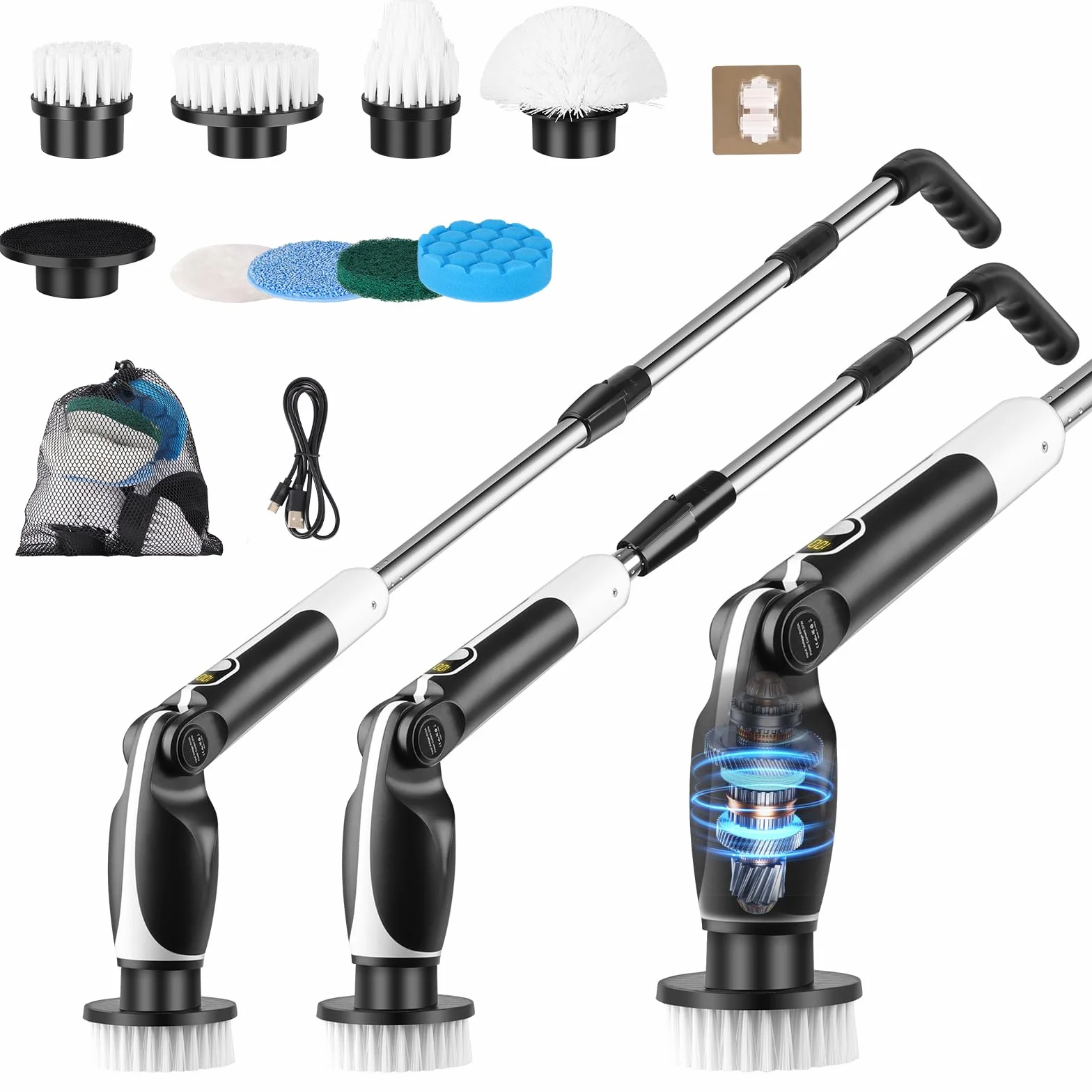 Cepillo Eléctrico Limpieza Hogar, Inalámbrico 129 cm con 8 Cabezas 450 RPM 6 Ángulos IPX7 Ajustables Cepillo Limpieza Baño para Azulejos, Cocina y Suelos