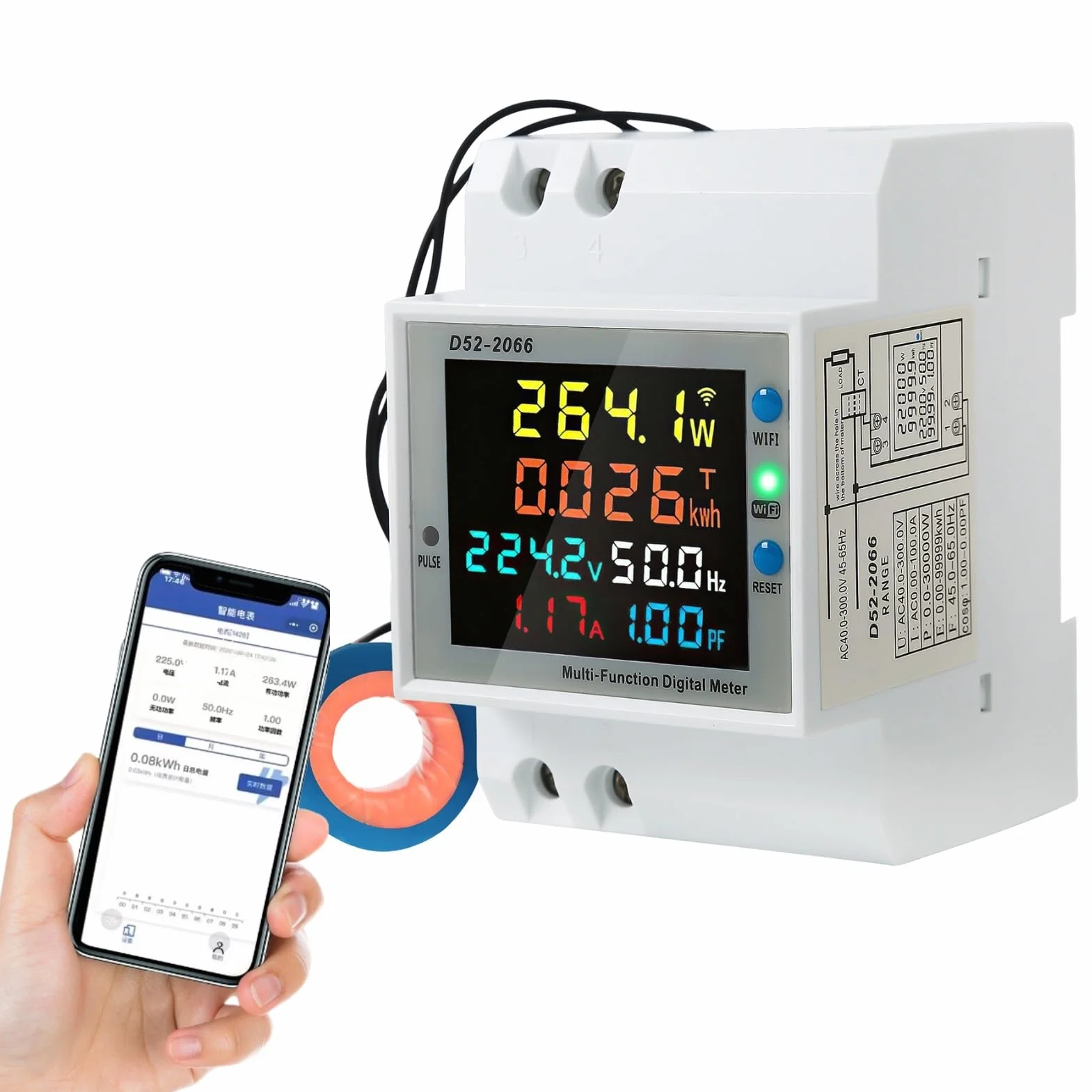 Jadeshay Medidor de Energía WiFi, AC 40-300V 100A Contador Electrico Digital Multifuncional Voltímetro Amperímetro para Medición del Consumo Eléctrico Voltaje Corriente Factor Potencia Frecuencia