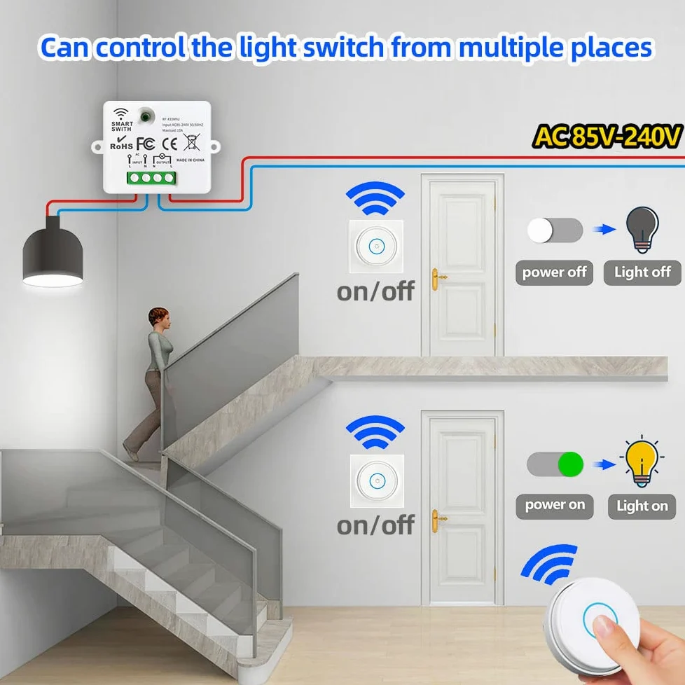 Interruptor De Luz inalambrico Autoalimentado, Sin Batería Interruptor A Prueba De Agua Móvil AC220V 2000W Relé Transmisor De Radio Rango De Control De 100M Para Iluminación De Lámpara