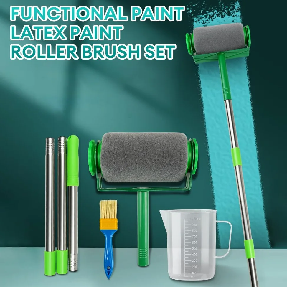 Juego de rodillos de pintura resistentes, rodillo de pintura con cepillo extensible, bandeja, rodillos, agitador, antigoteo, borde de corte limpio, kit de pintura multifuncional para paredes y techos