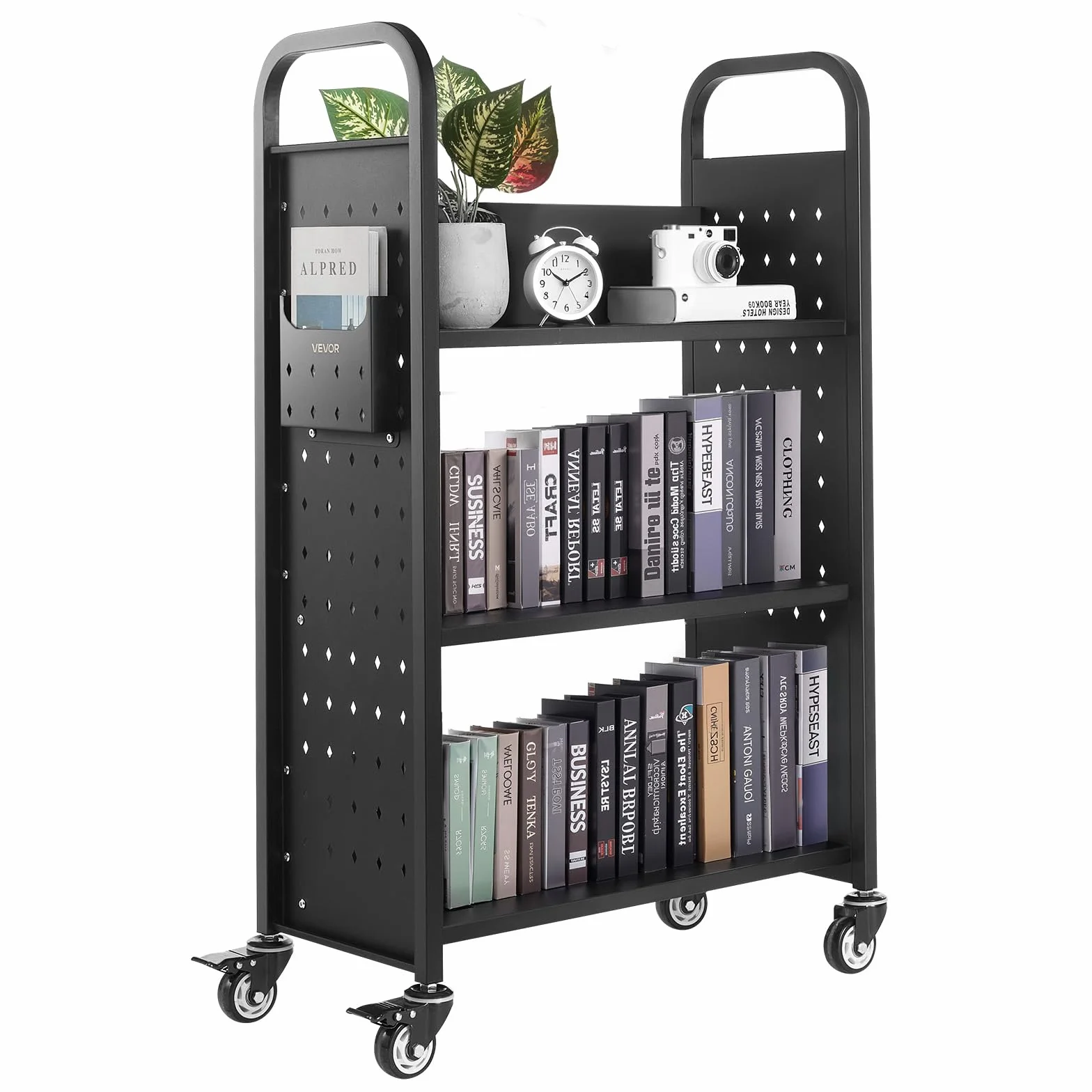 VEVOR Carro para Libros de 3 Niveles Estantería de Libros con Ruedas 77 x 38 x 122 cm Estante de Almacenamiento en Forma de L Carro Rodante para Biblioteca, Librería, Oficina, Escuela, Negro