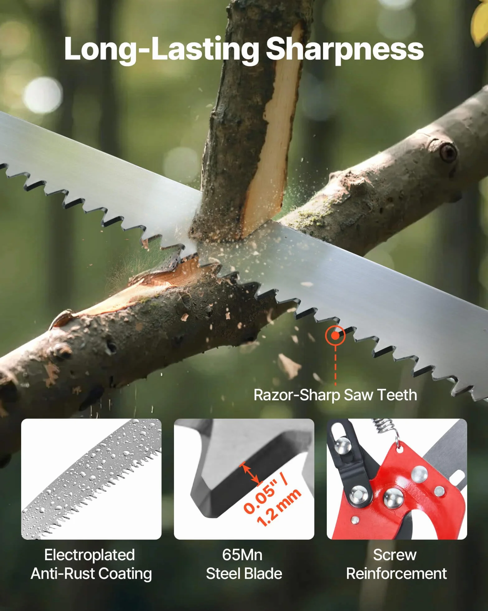 VEVOR Sierra de Pértiga Manual, Podadora de Pértiga Extensible de 118-809,3 cm con Tijeras, Hoja de Acero de 65 Mn, Mango Ligero de Fibra de Vidrio para Podar Ramas Altas, Palmeras y Arbustos