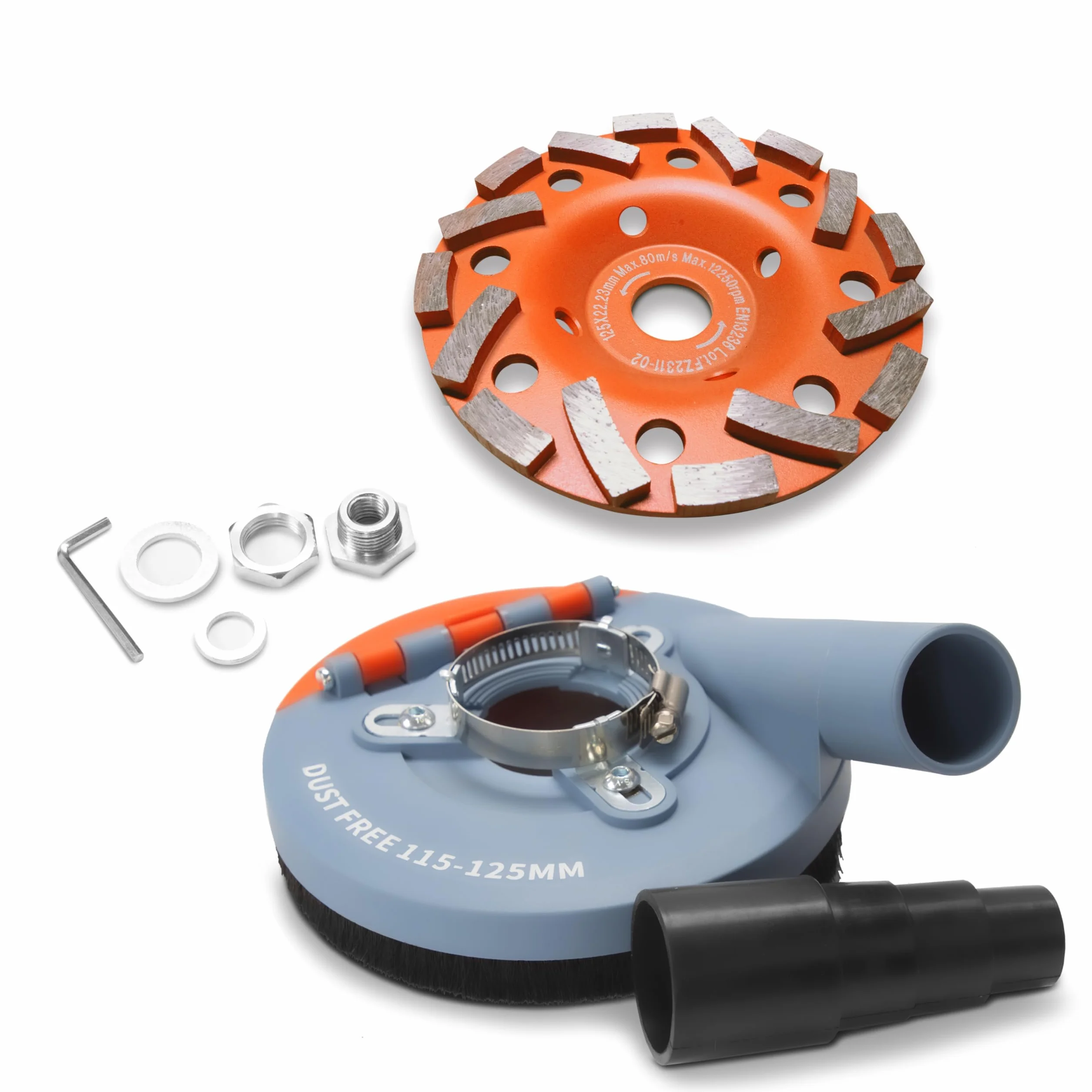 FANZWORK cubierta de aspiración para amoladora angular incl. disco de diamante de 125 mm, Cepillos intercambiables, Compatible en un 99% de forma universal, Anillo adaptador reforzado, Adaptador M14