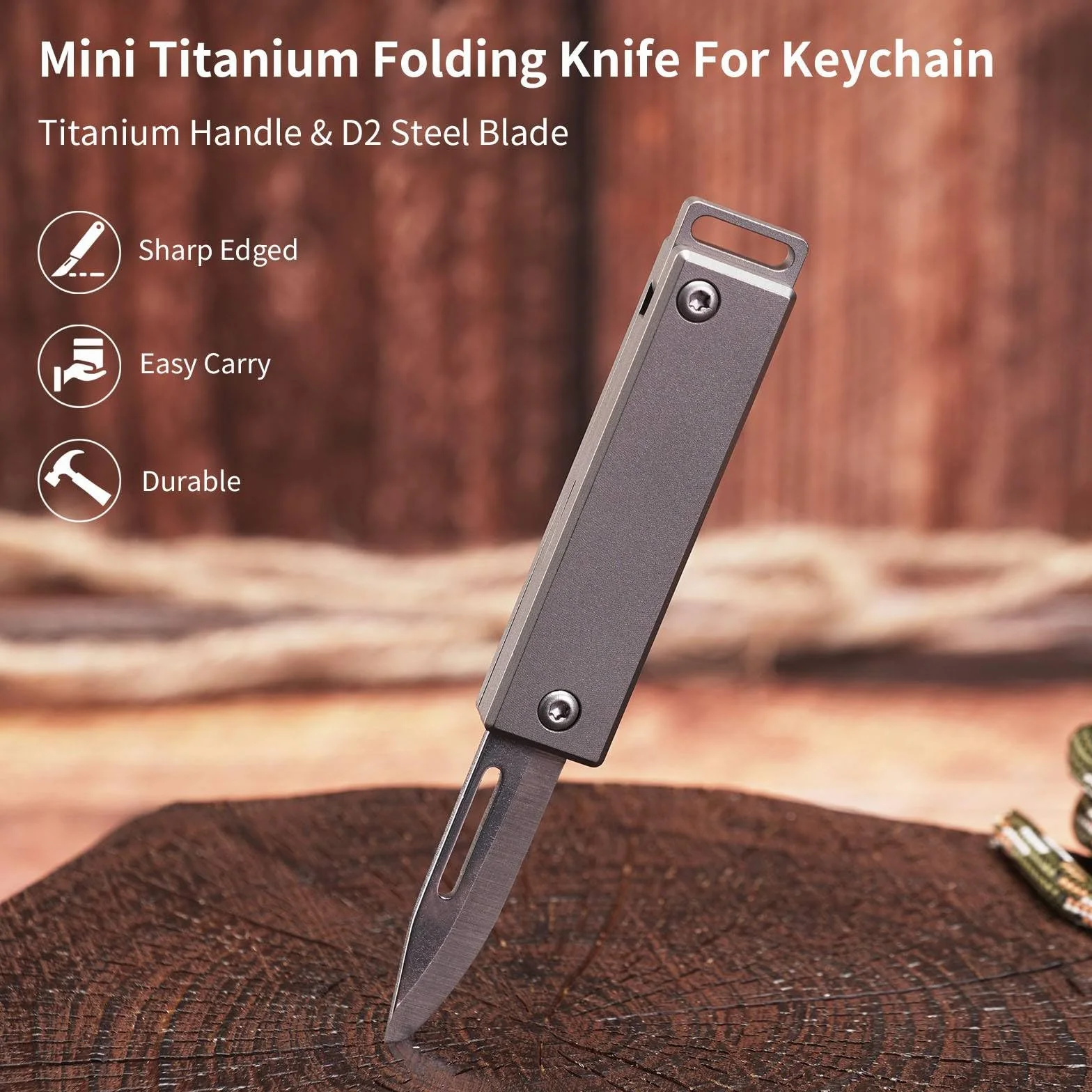 TKK1 Mini navaja de bolsillo de titanio, utilidad EDC con llavero, mini cuchillo plegable de titanio con hoja D2, herramienta EDC para acampar, senderismo y al aire libre