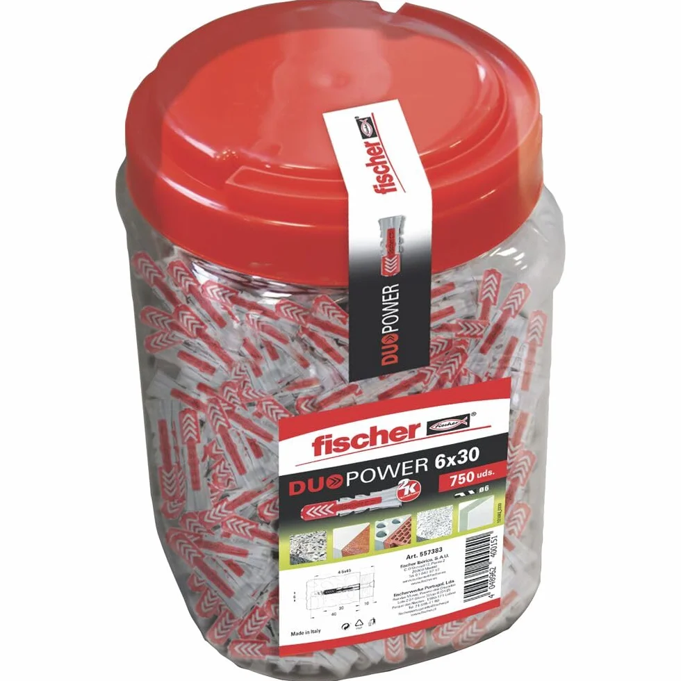 fischer - Tacos fischer Duopower 6x30 para Hormigón, Compatible con Placas de Yeso PLADUR®, Ladrillo o Piedra. Sirve para Colgar Muebles de Televisión, Estanterías, Cuadros, Armarios, etc. (750 uds)