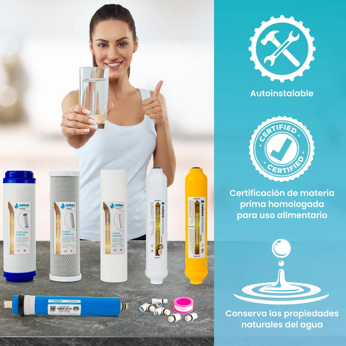 Kit de 5 Filtros Universales para Osmosis Inversa - Incluye Membrana Vontron de 50GPD, Rollo de Teflón, Conectores y T - Ideal para Equipo de 6 Etapas Universal - Nature Water Professionals