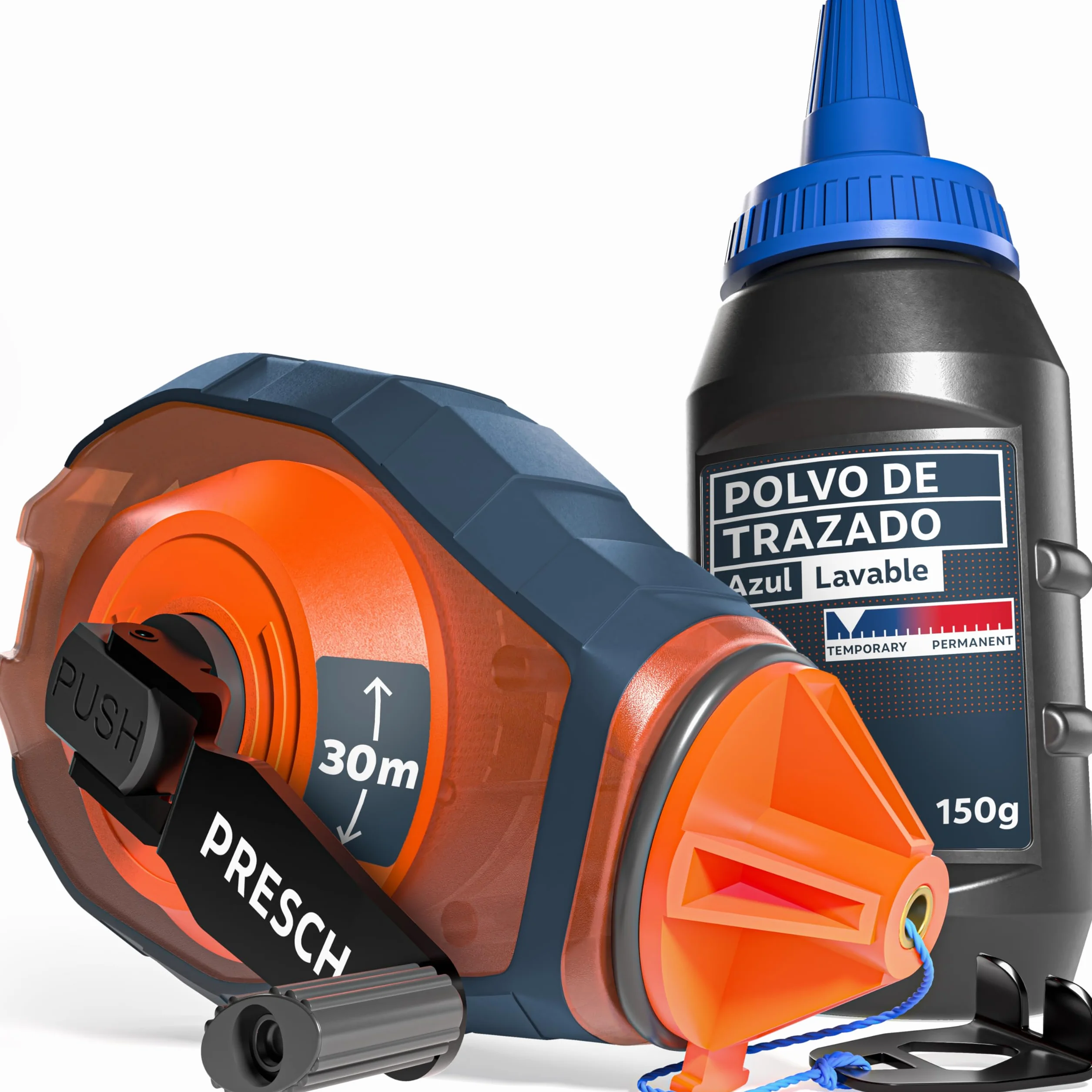 PRESCH Tiralineas de 30m incl. tiza azul (150g) - Rápida retracción gracias al engranaje 6:1 - Fácil de limpiar para marcas temporales - Cordón robusto para líneas precisas