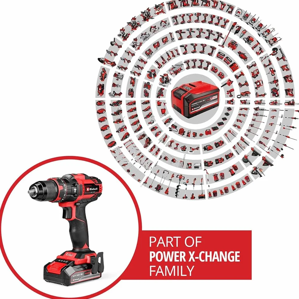 Einhell Taladro percutor con batería TE-CD 18/44 Li-i Power X-Change (18V, 44 Nm, función de perforación por percusión, portabrocas metálico de 13 mm, 2 velocidades, incl. batería de 2,5 Ah y batería)