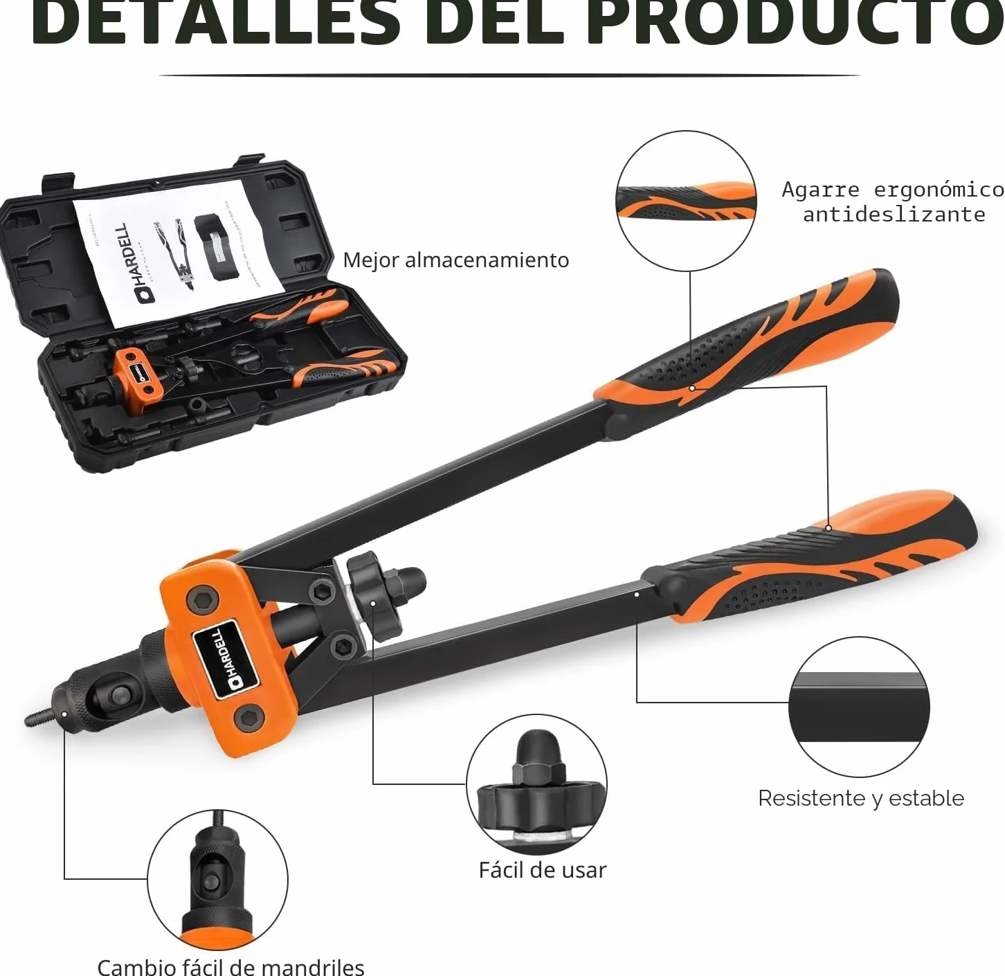 HARDELL Remachadora de Tuercas, 14" Remachadora Manual Con 150pcs Remachadora Tuercas, y 6 Mandriles Intercambiables M3 M4 M5 M6 M8 M10, Naranja