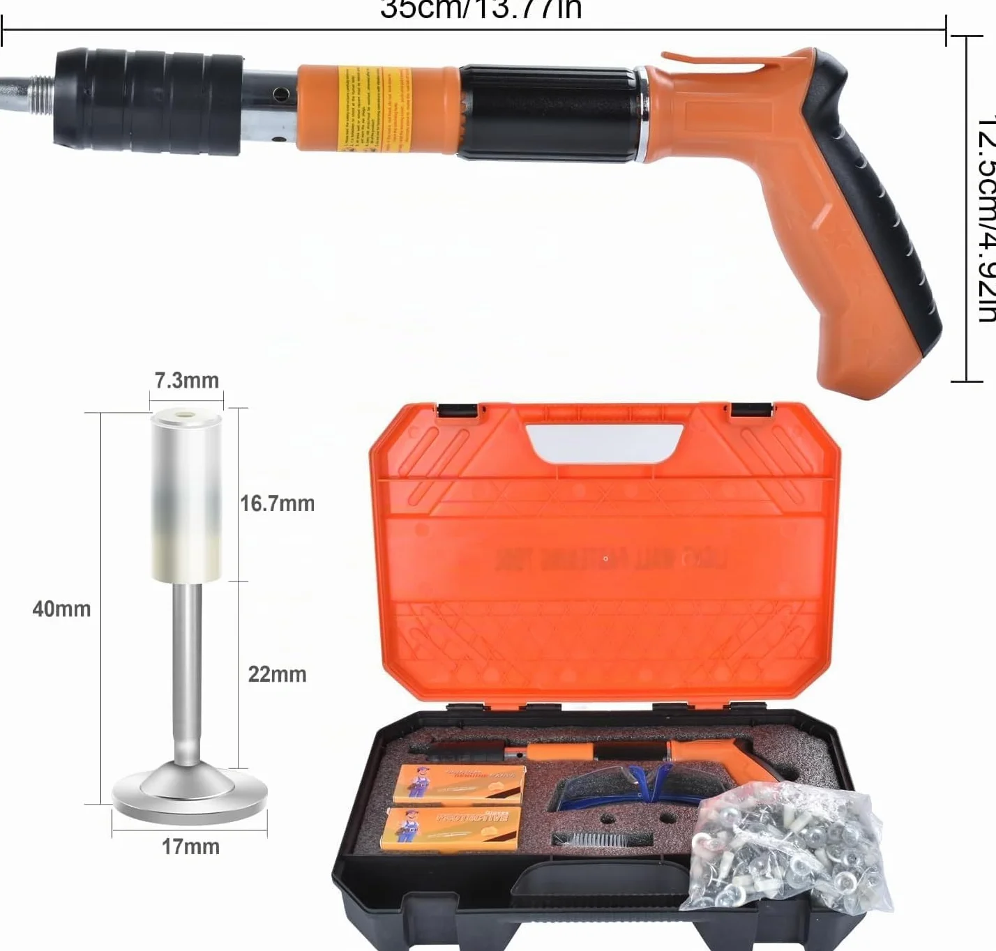 Clavadora Beton inalámbrica,Pistola de uñas neumática Kit,Pistola manual de uñas con 5 niveles de ajustable,Pistolas de uñas portátiles con 120 clavos redondos,Gafas guantes (naranja)