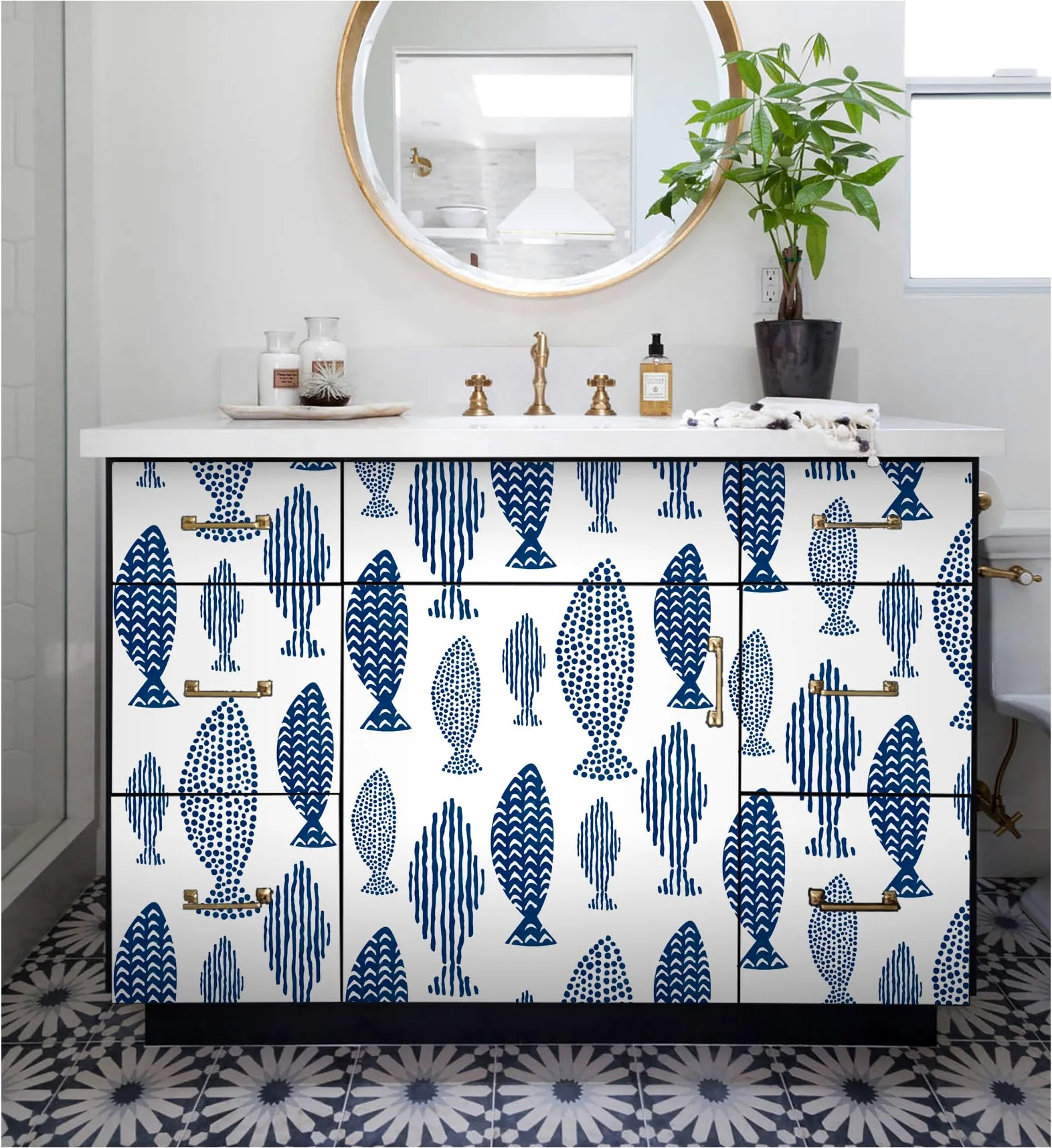 Papel Pintado Peces, 44.5 x 1000 cm Papel Pintado Trellis de peces del mundo submarino abstracto Indigo Blue Vinilo Adhesivo para Muebles,Libreria,Sala de Estar, Dormitorio,Baño,Cocina