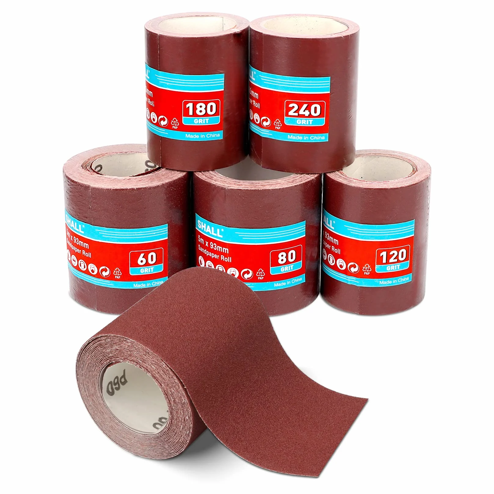SHALL Juego de 5 rollos de papel de lija 9,3 cm x 5 m, grano 60/80/120/180/240, óxido de aluminio para lijar y pulir