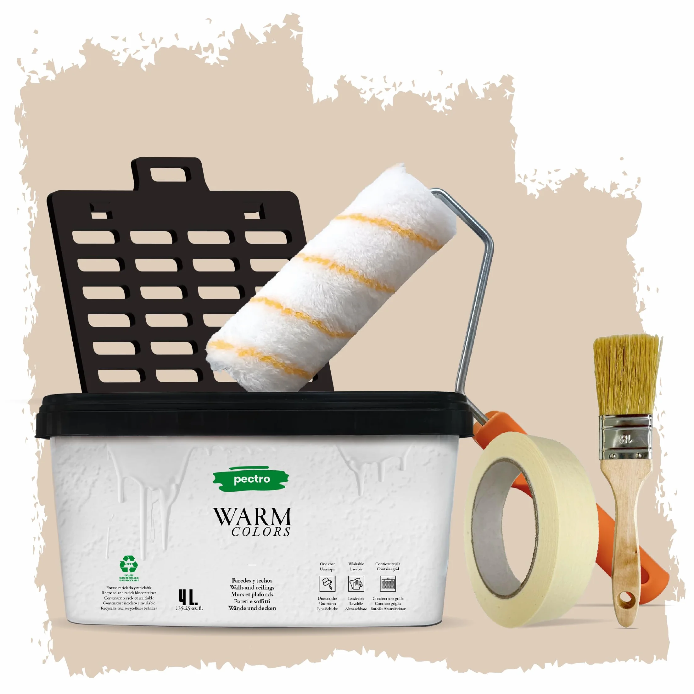 PECTRO Pintura Una Capa 4L (6,3kg) - incluye Rodillo, Rejilla, Brocha y Cinta - Pintura Interior Paredes y Techos Mate, colores cálidos, lavable de gran durabilidad y cubrición