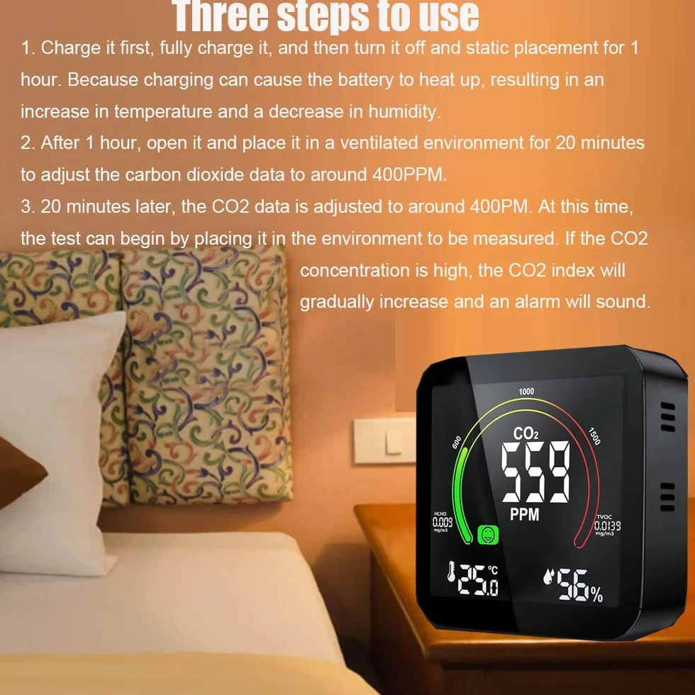 Medidor CO2 Detector CO2 Gas, 5 en 1 Detector de CO2 con Pantalla LED Medidor de Humedad y Temperatura TVOC HCHO Dormitorio Oficina Coche Multi